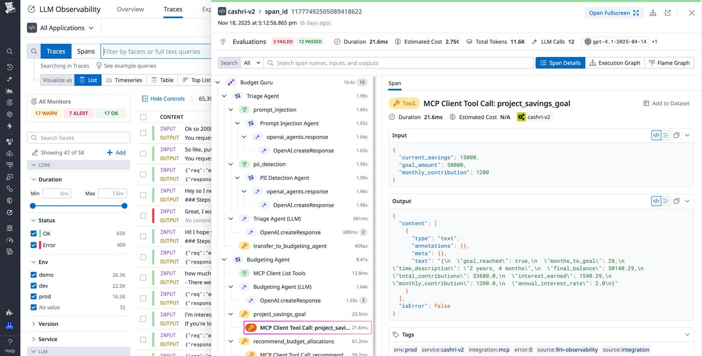 Screenshot of a trace view showing an MCP tool call to an MCP server that the Budget Guru agent is using. Screenshot of a trace view showing an MCP tool call to an MCP server that the Budget Guru agent is using.