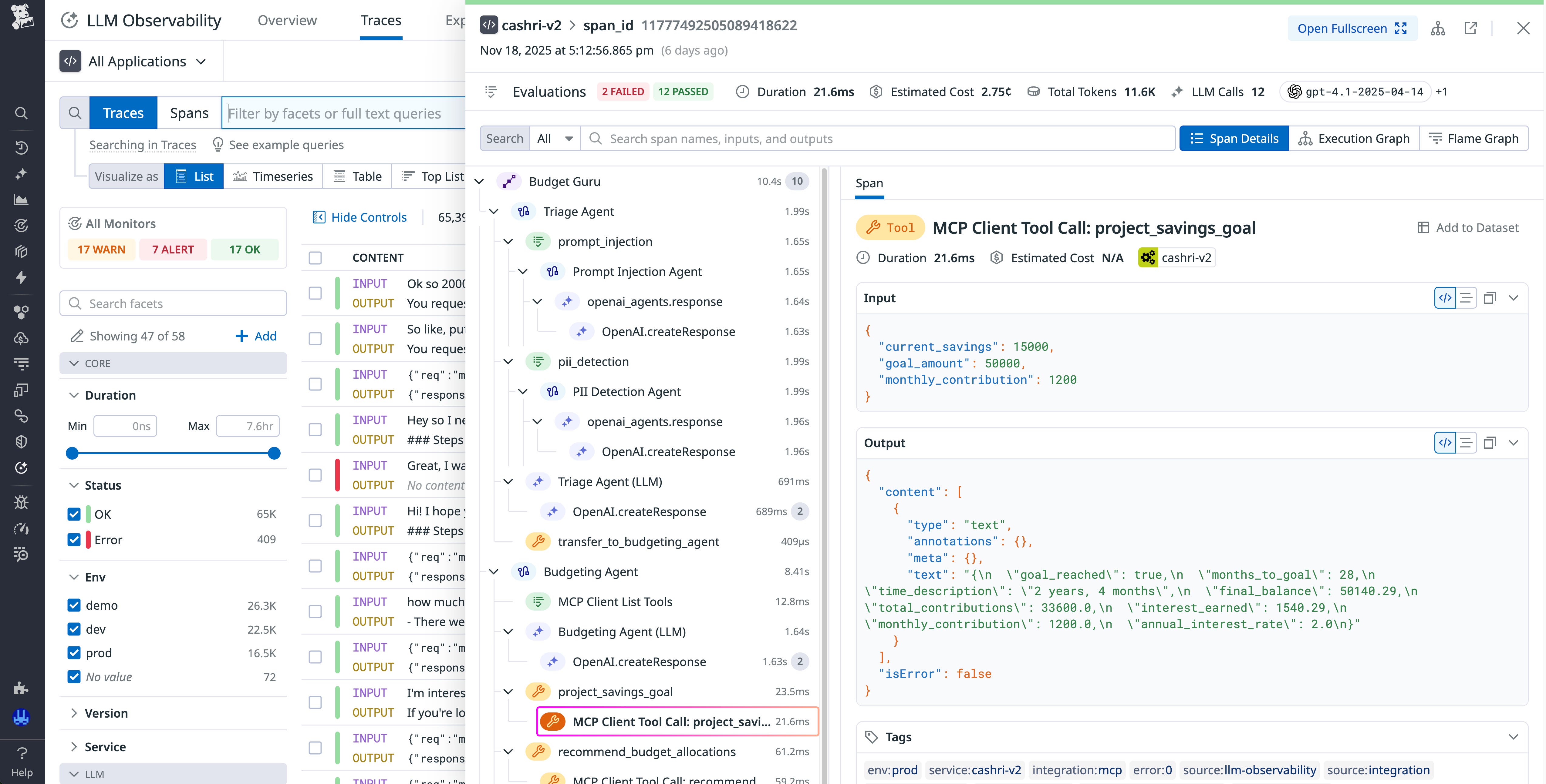 Screenshot of a trace view showing an MCP tool call to an MCP server that the Budget Guru agent is using. Screenshot of a trace view showing an MCP tool call to an MCP server that the Budget Guru agent is using.