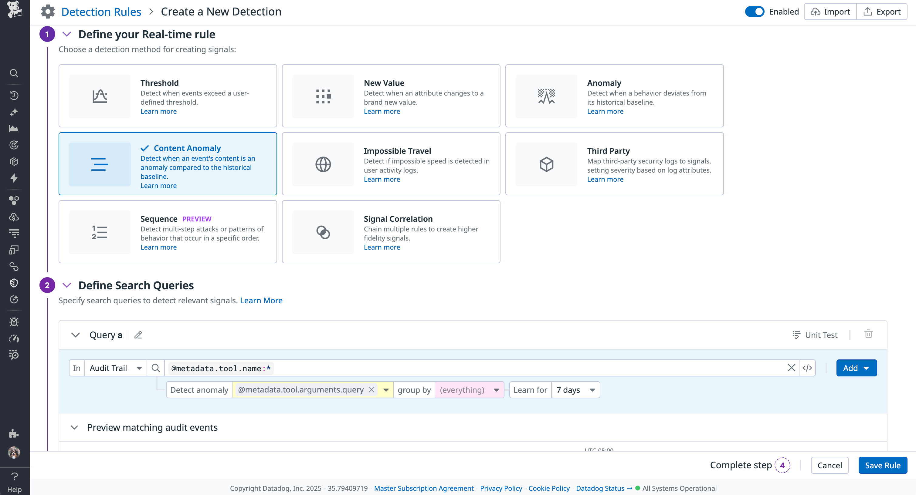 Datadog Cloud SIEM detection rule configured to monitor for SQL injection in MCP tool call queries.