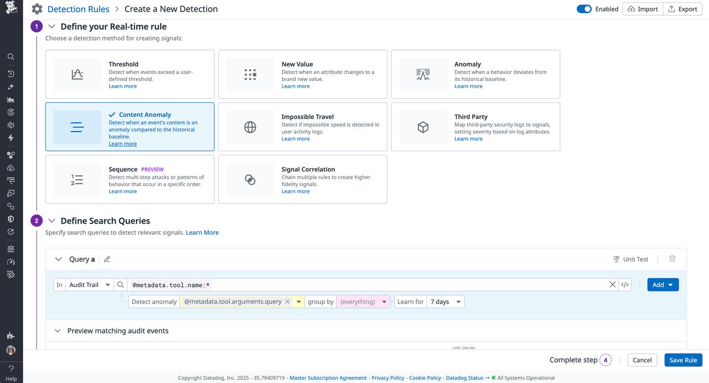 Datadog Cloud SIEM detection rule configured to monitor for SQL injection in MCP tool call queries. Datadog Cloud SIEM detection rule configured to monitor for SQL injection in MCP tool call queries.