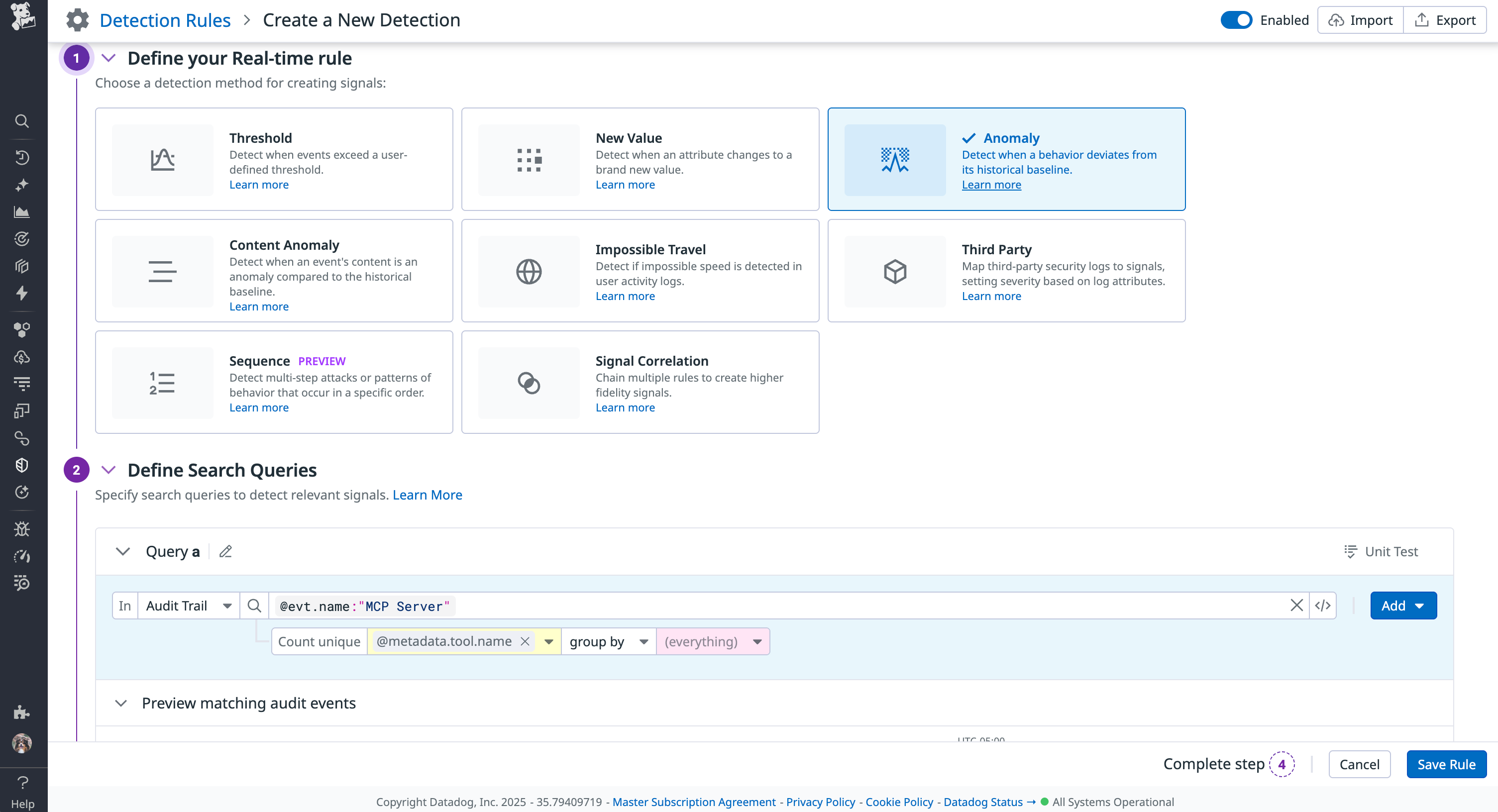 Datadog Cloud SIEM detection rule configured to monitor MCP tool calls.
