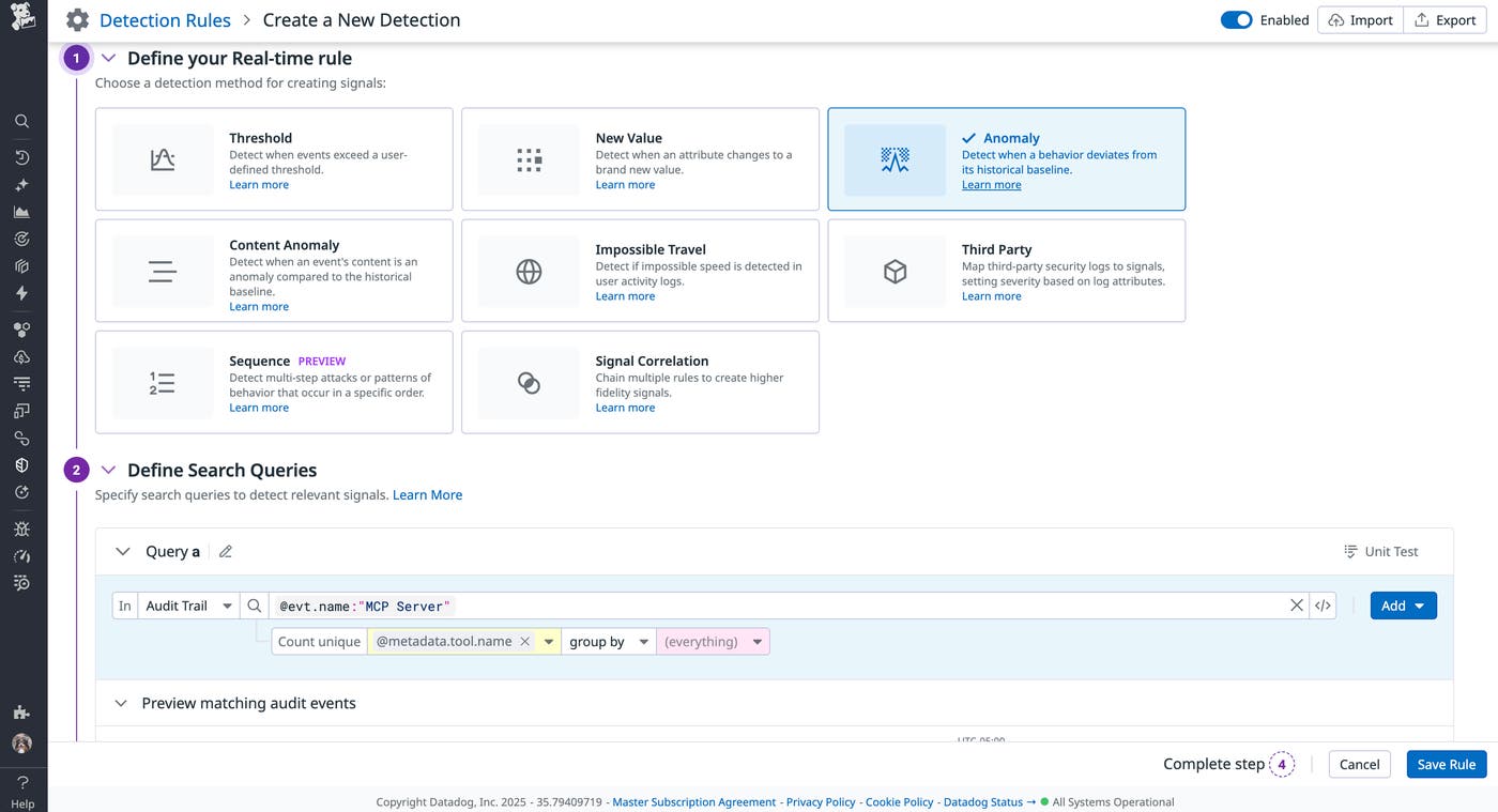 Datadog Cloud SIEM detection rule configured to monitor MCP tool calls. Datadog Cloud SIEM detection rule configured to monitor MCP tool calls.