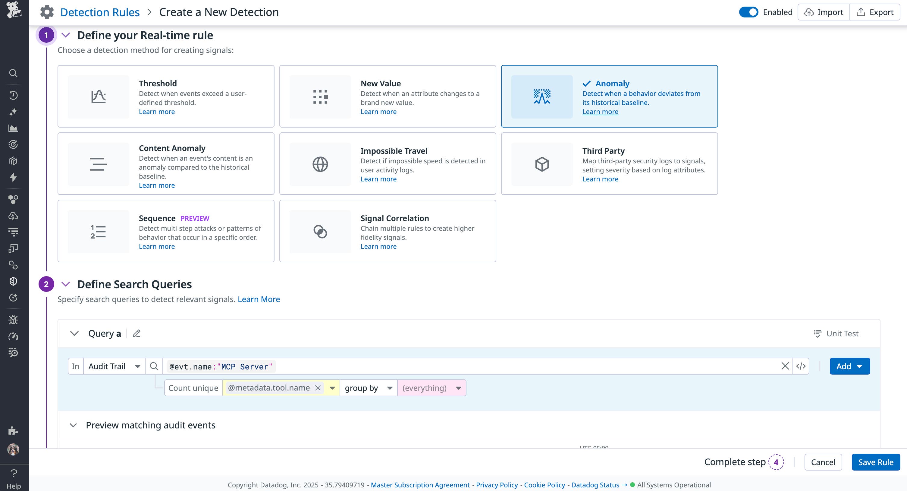 Datadog Cloud SIEM detection rule configured to monitor MCP tool calls. Datadog Cloud SIEM detection rule configured to monitor MCP tool calls.