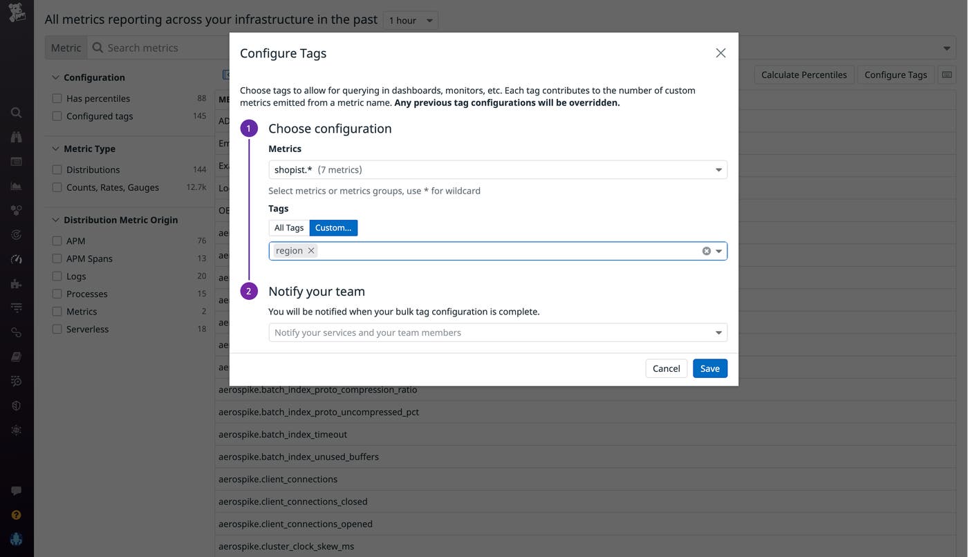Datadog's Metrics without Limits lets you easily configure which metrics or groups of metrics to collect Datadog's Metrics without Limits lets you easily configure which metrics or groups of metrics to collect