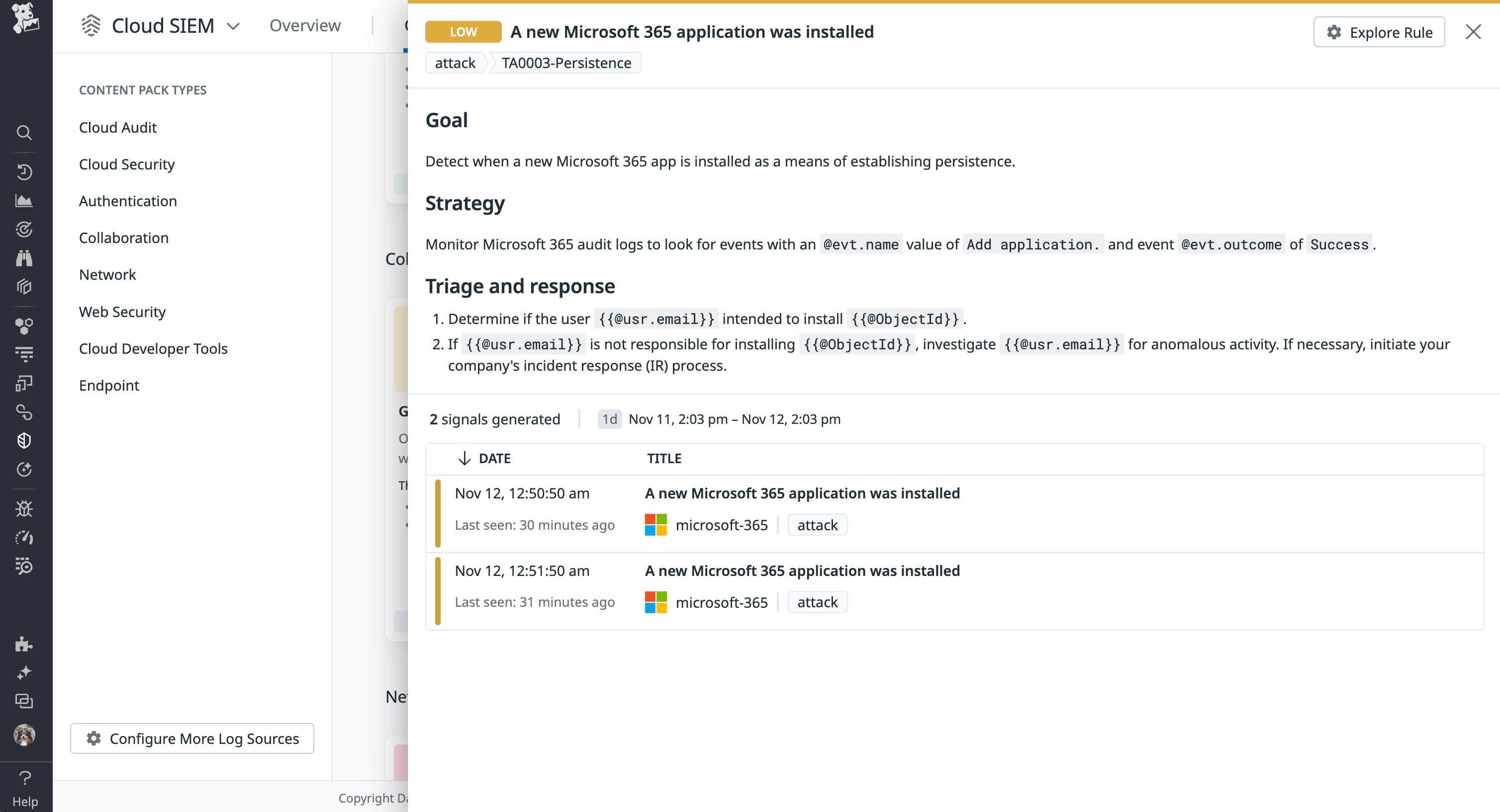 Microsoft 365 Cloud SIEM signal for installed application