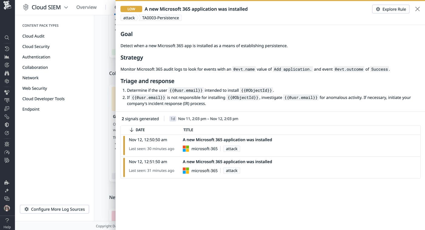 Microsoft 365 Cloud SIEM signal for installed application Microsoft 365 Cloud SIEM signal for installed application
