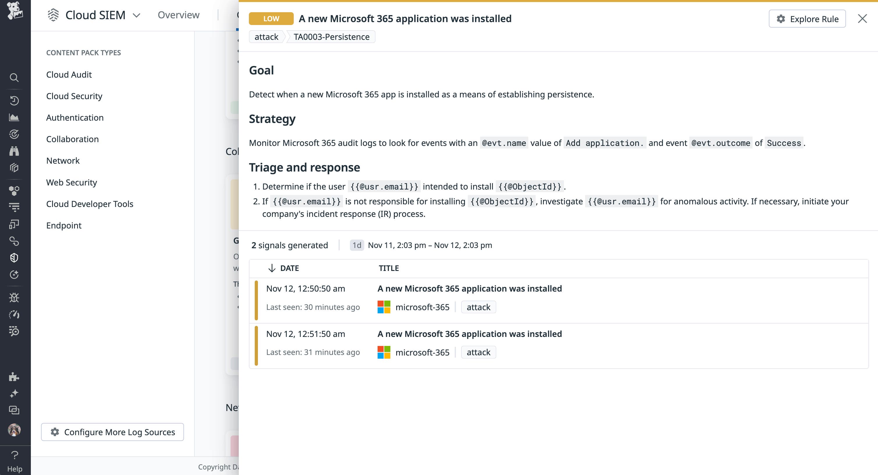 Microsoft 365 Cloud SIEM signal for installed application Microsoft 365 Cloud SIEM signal for installed application