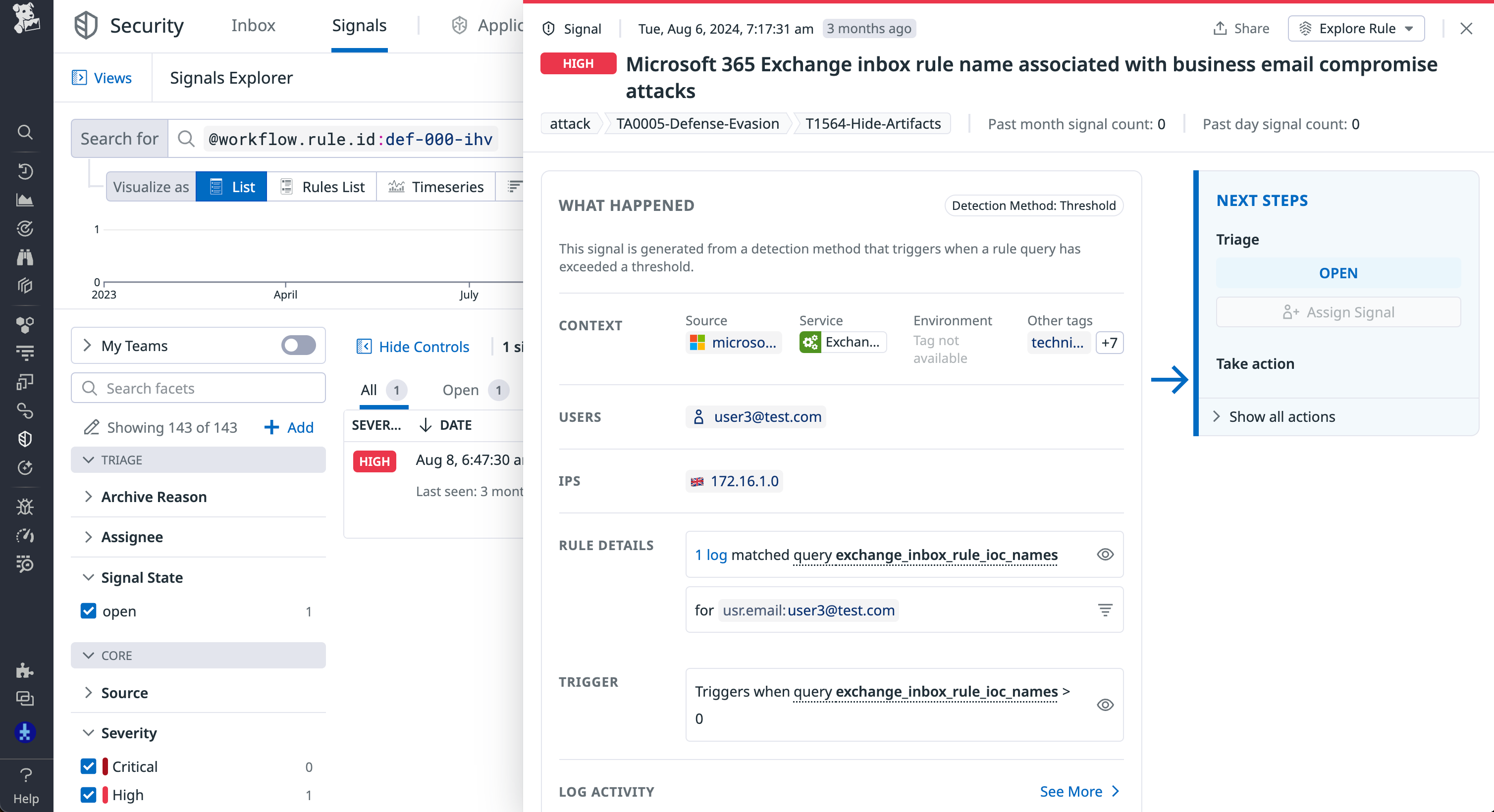 Microsoft 365 Cloud SIEM signal for Business Email Compromise