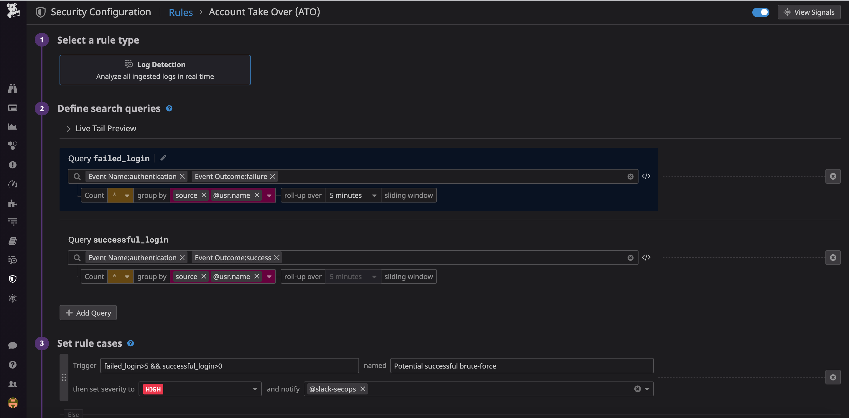 You can create custom Detection Rules in Datadog using the same syntax as Log Explorer queries.