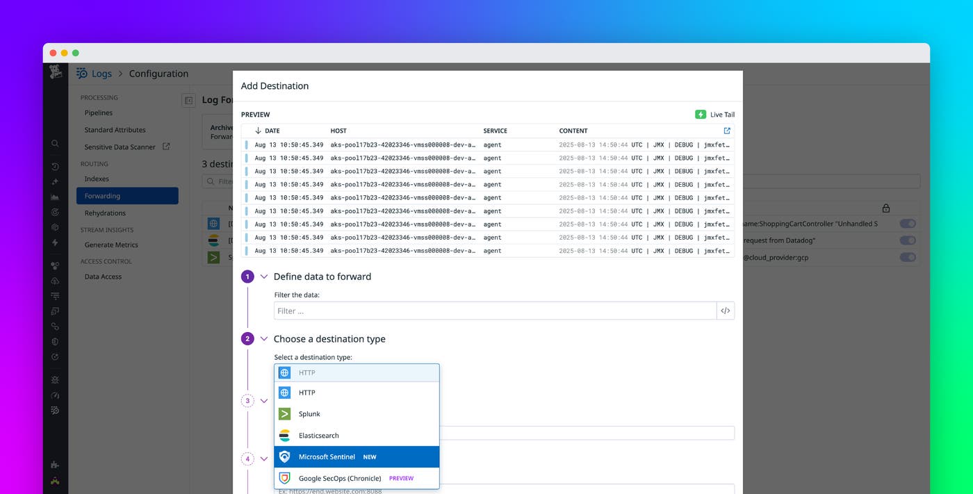 Centrally process and govern your logs in Datadog before sending them to Microsoft Sentinel or Google SecOps Centrally process and govern your logs in Datadog before sending them to Microsoft Sentinel or Google SecOps