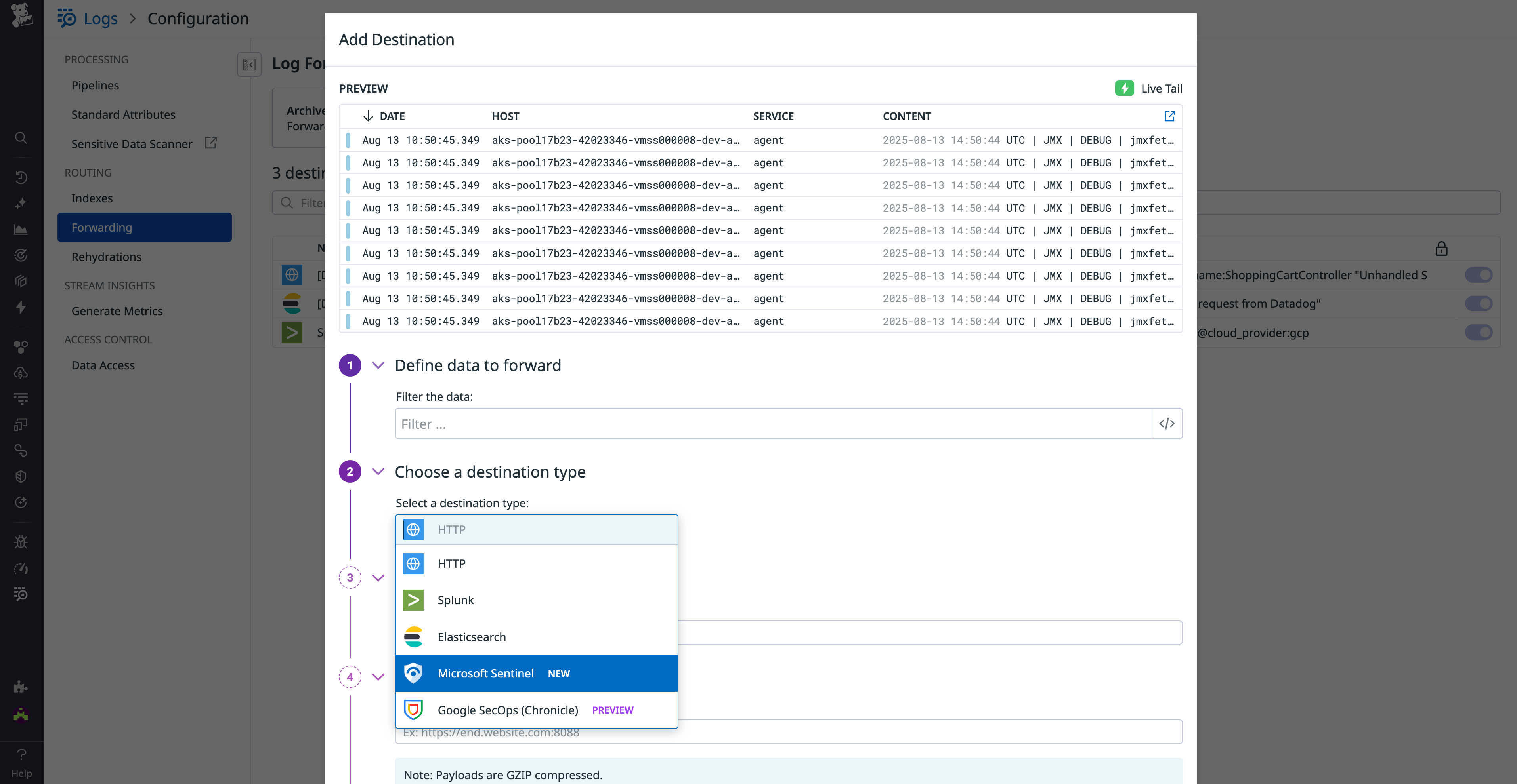 Create a custom pipeline to route your logs to Microsoft Sentinel or Google SecOps in Datadog Log Management