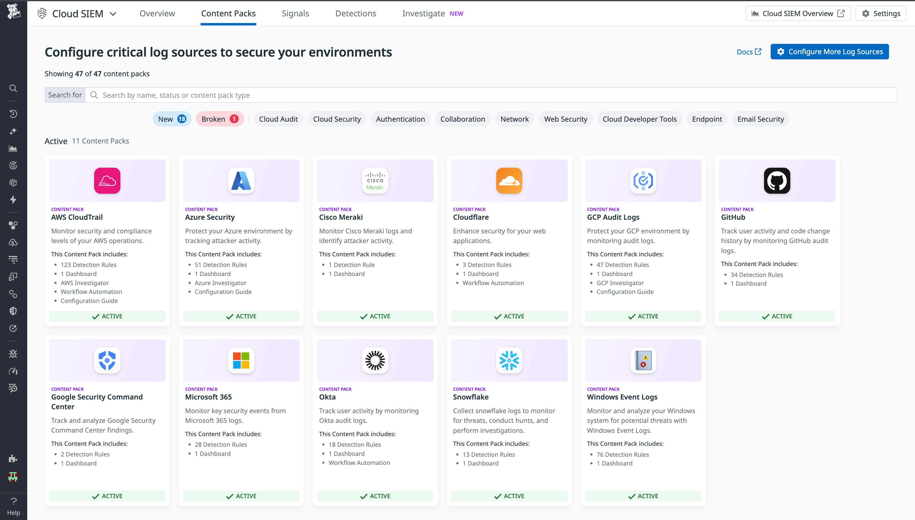 List of Cloud SIEM Content Packs.
