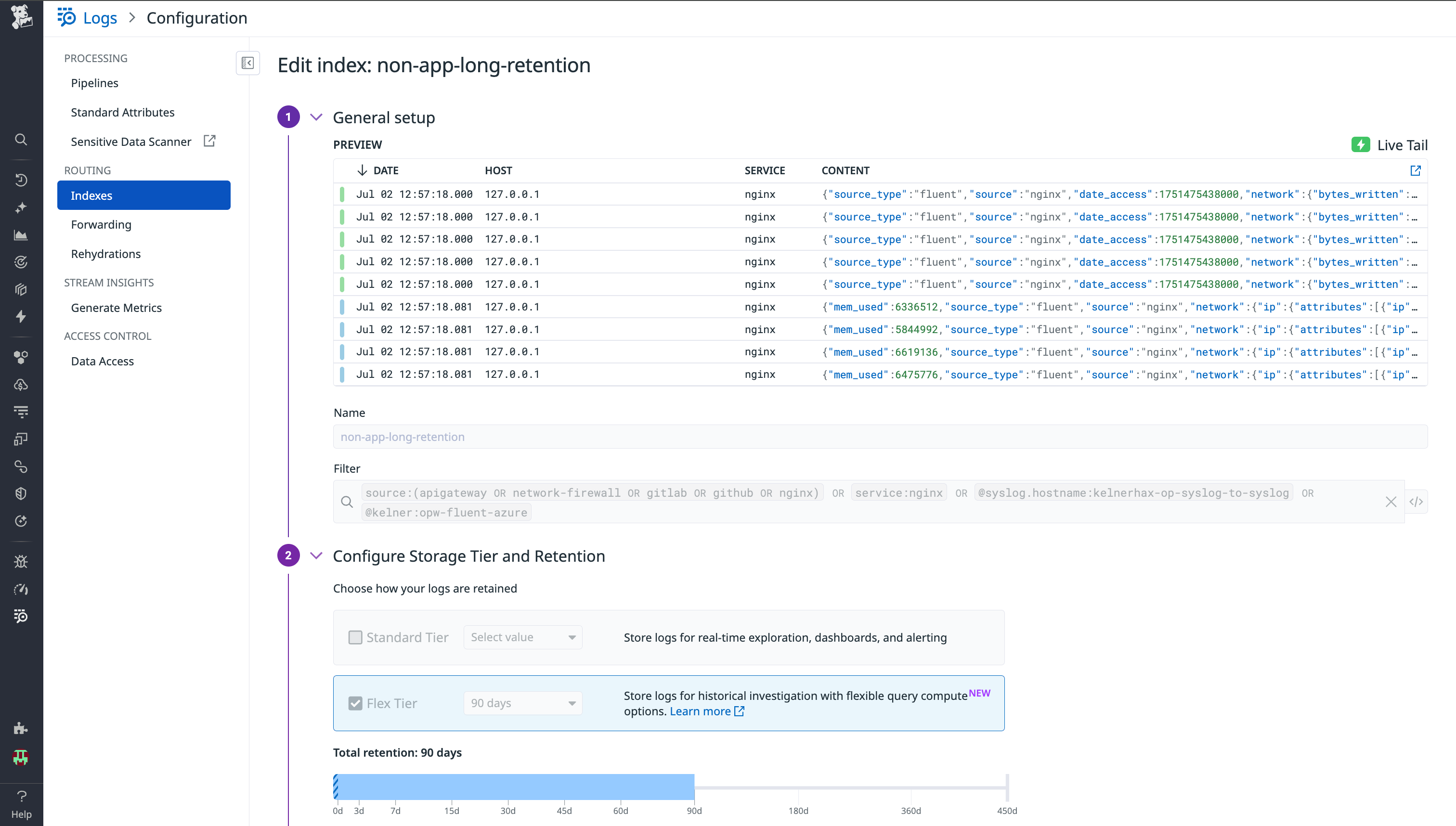 Setting up Datadog Flex Logs.