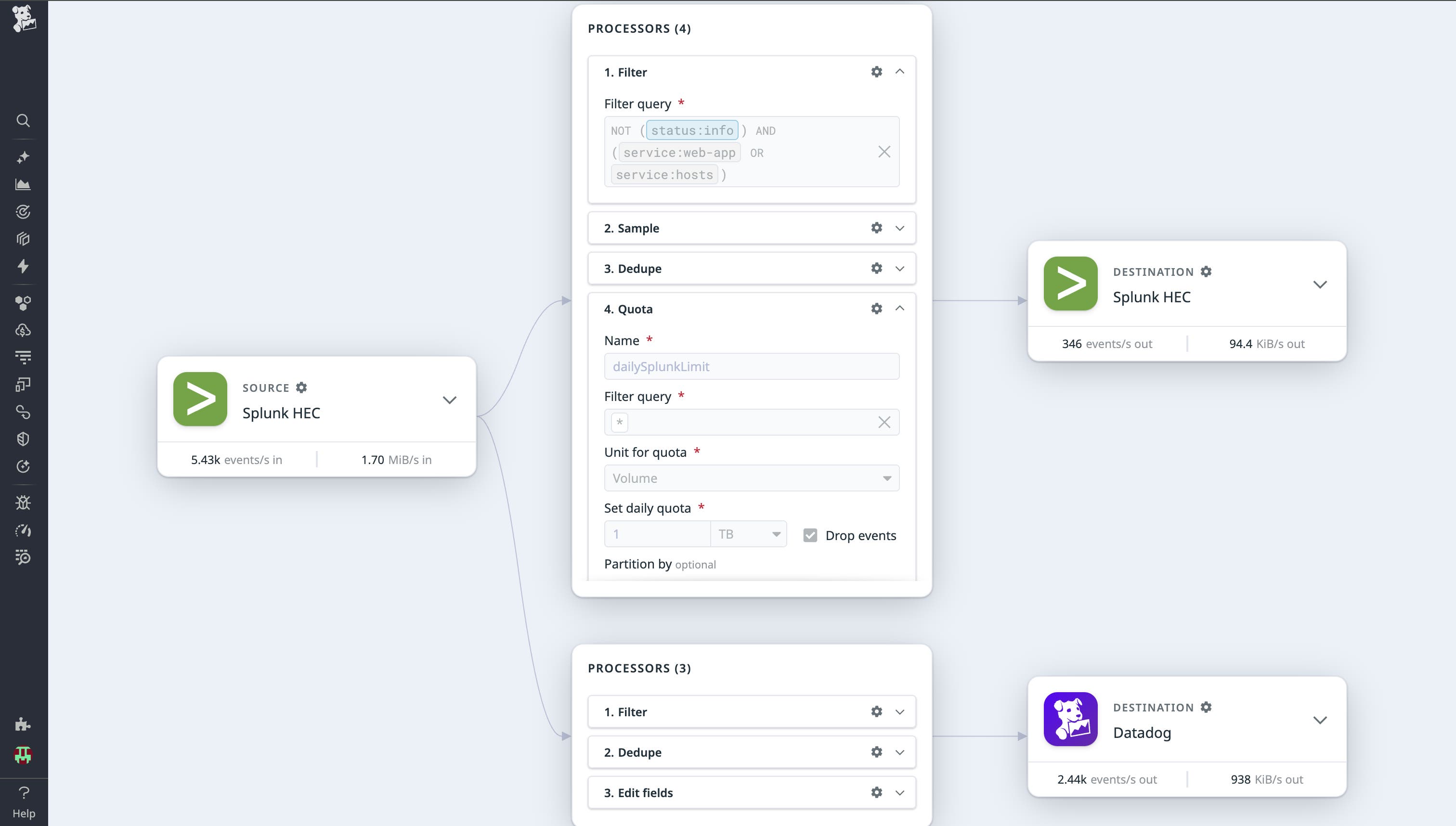 A Datadog Observability Pipelines pipeline of processors. A Datadog Observability Pipelines pipeline of processors.