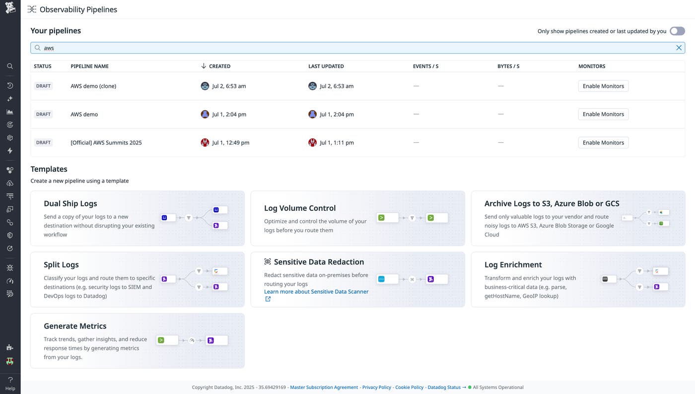 A Datadog Observability Pipelines set of templates. A Datadog Observability Pipelines set of templates.
