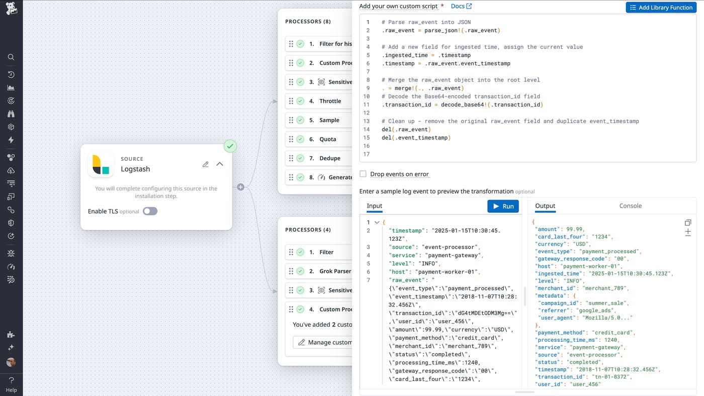 Observability Pipelines UI displaying a custom processor script in Vector Remap Language (VRL). The script parses raw JSON logs, extracts timestamps, and restructures the log fields. The right-hand panel shows sample input and transformed output logs for validation. Observability Pipelines UI displaying a custom processor script in Vector Remap Language (VRL). The script parses raw JSON logs, extracts timestamps, and restructures the log fields. The right-hand panel shows sample input and transformed output logs for validation.