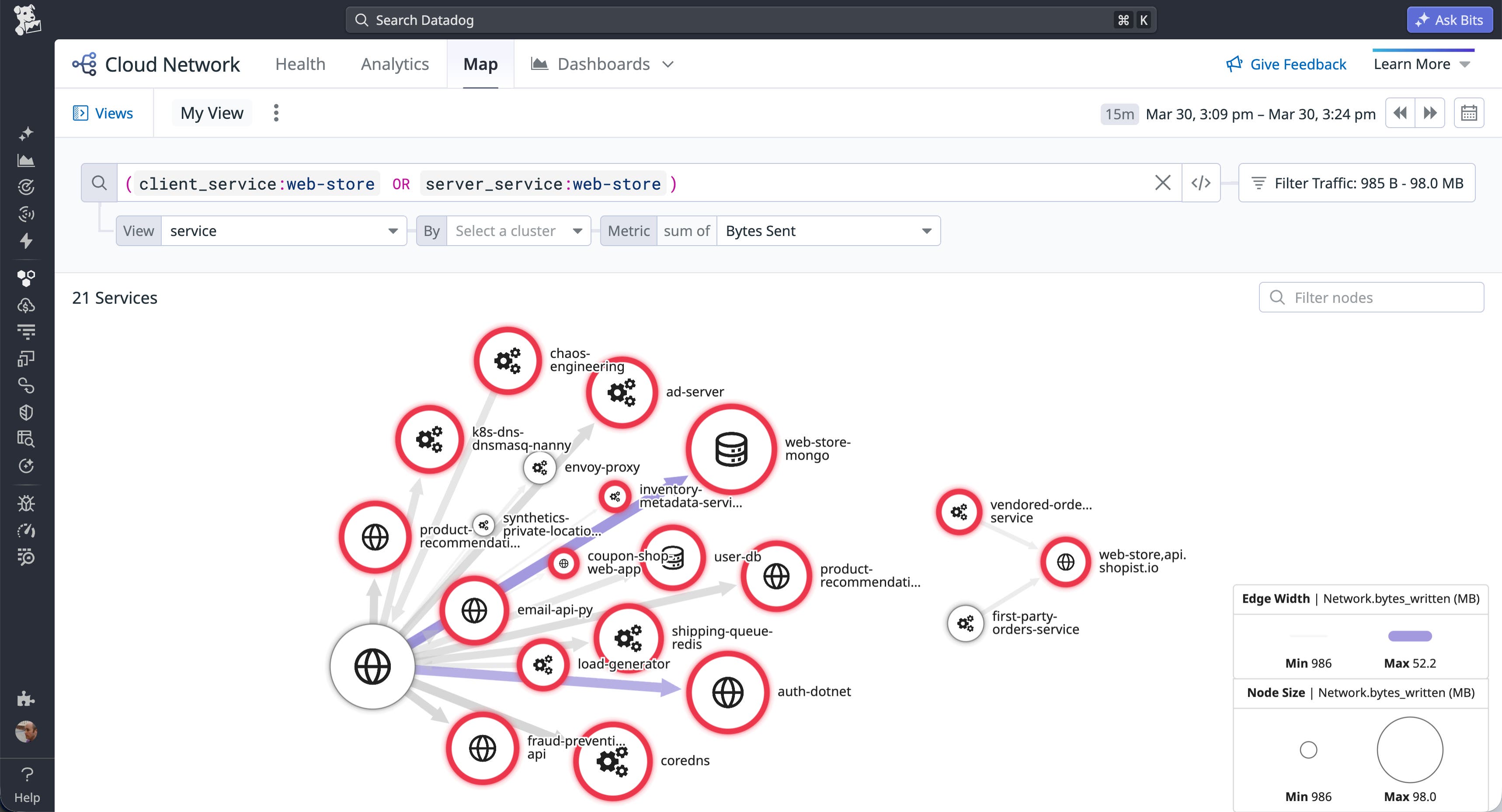 Datadog Network Map showing service-to-service traffic for a web-store application, highlighting request paths and dependencies across backend services during a migration. Datadog Network Map showing service-to-service traffic for a web-store application, highlighting request paths and dependencies across backend services during a migration.