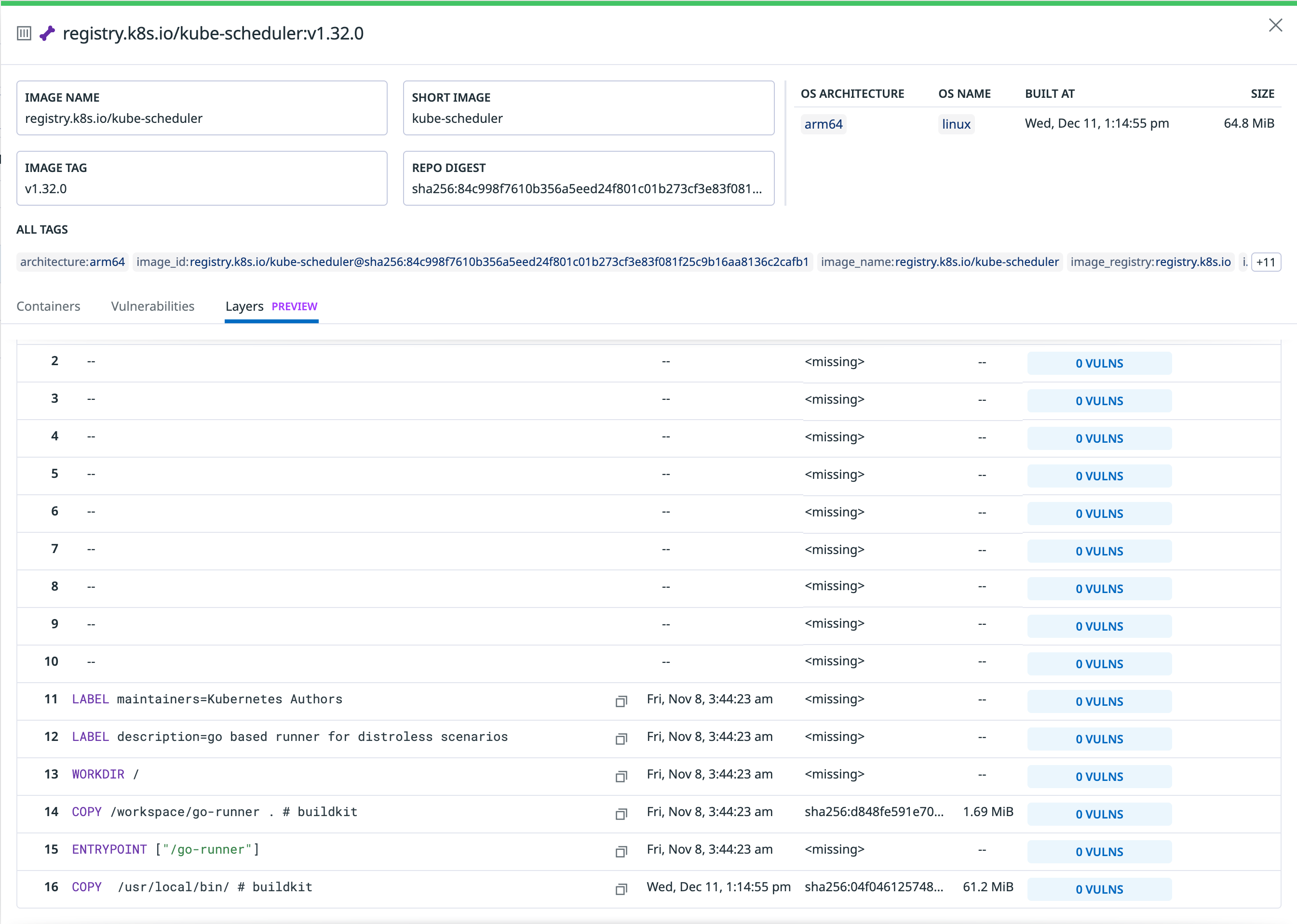 The digest field show <missing> for Docker images.