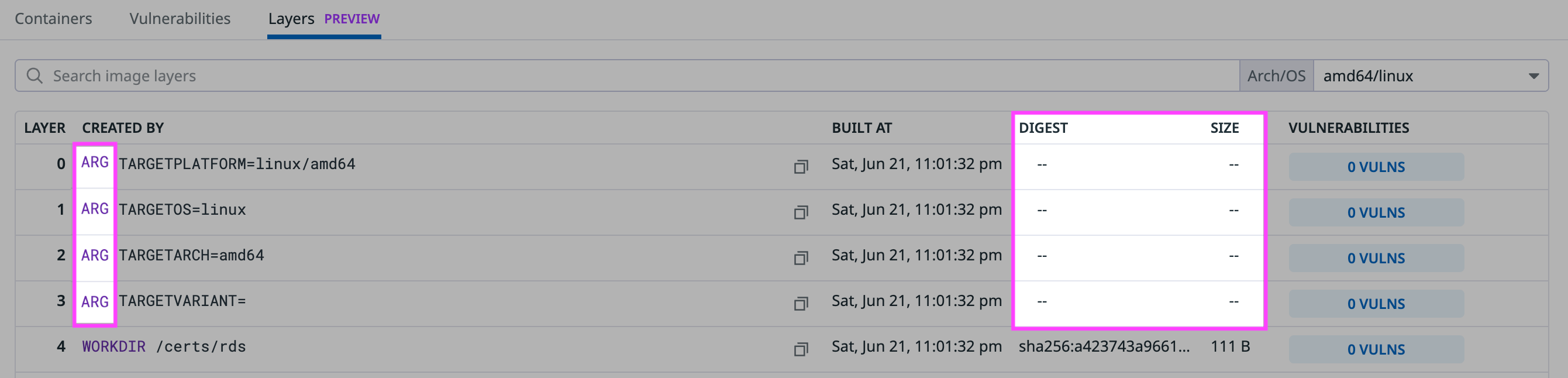 Digest and size do not have data for the digest and size fields.