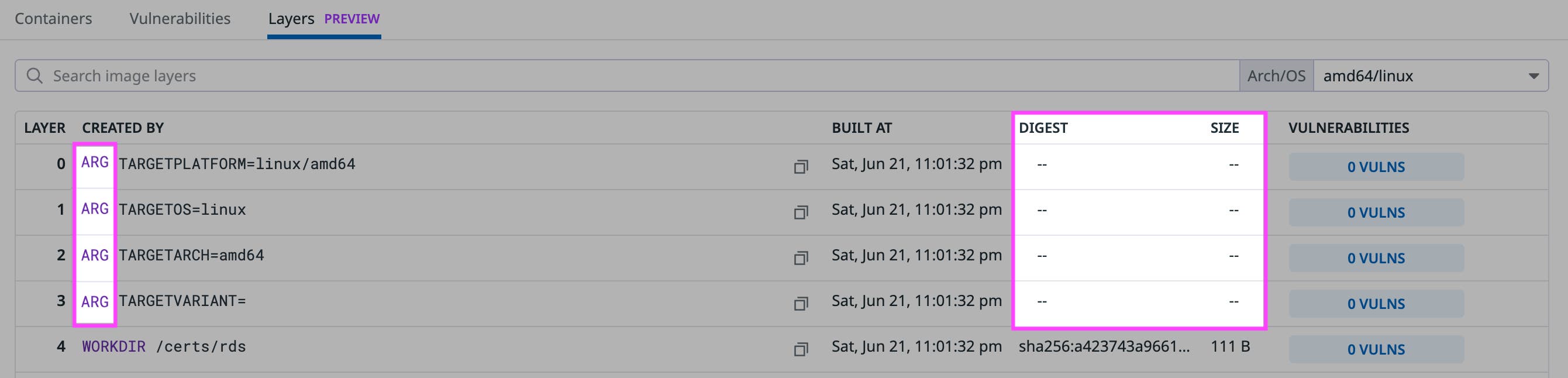 Digest and size do not have data for the digest and size fields. Digest and size do not have data for the digest and size fields.
