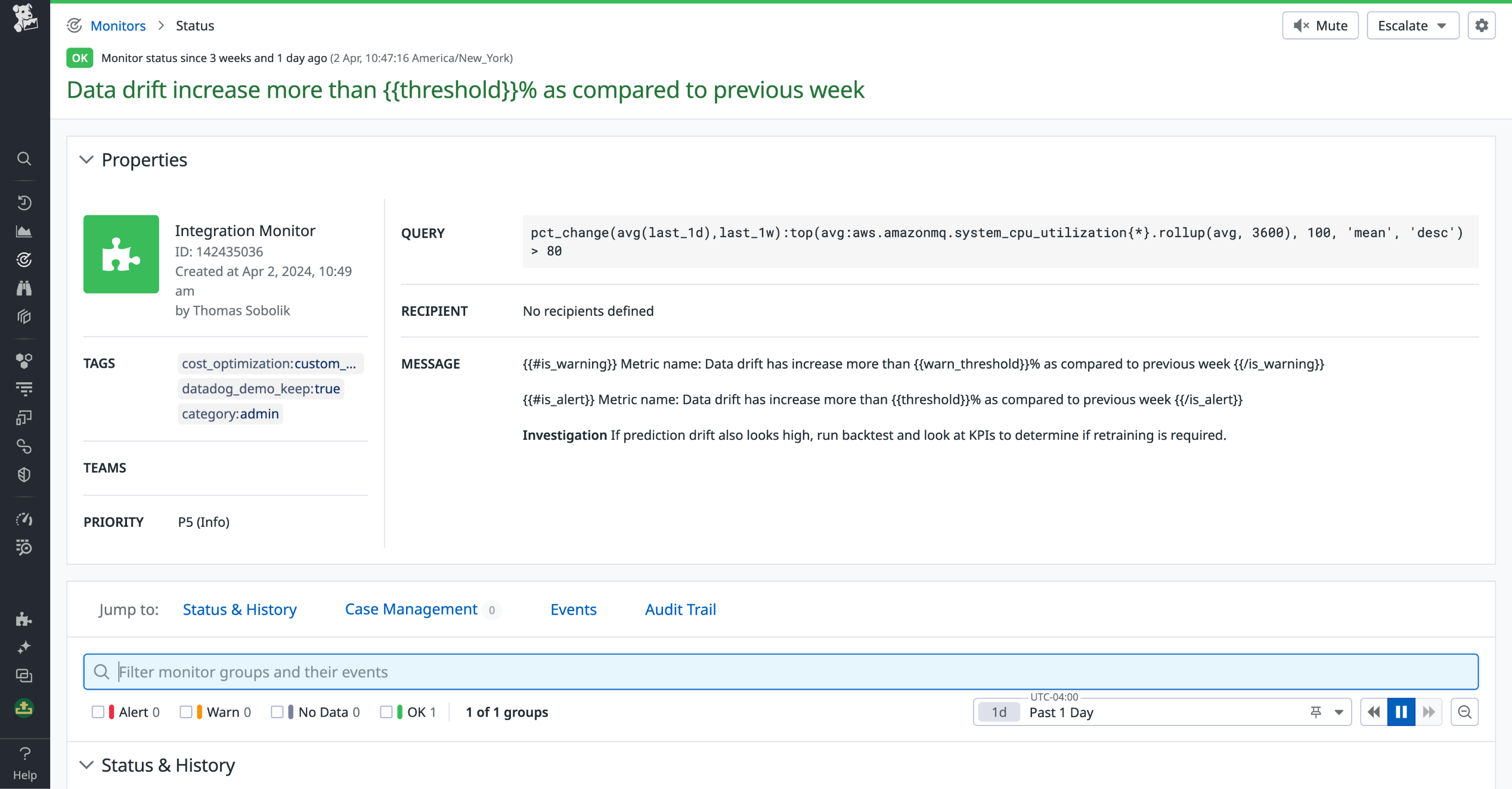 Alerting on data drift metrics.