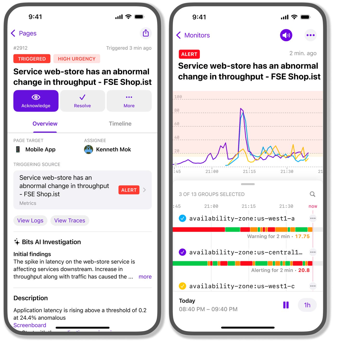 Bits AI investigation results in the Datadog mobile app. Bits AI investigation results in the Datadog mobile app.