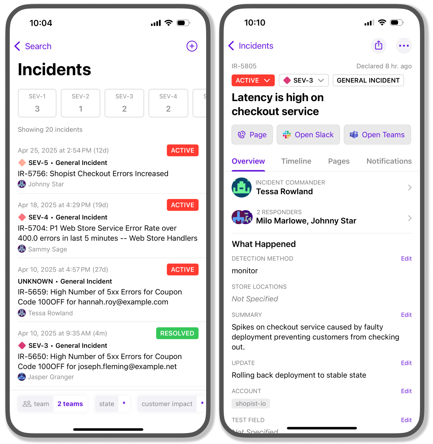 Incident management in the Datadog mobile app.