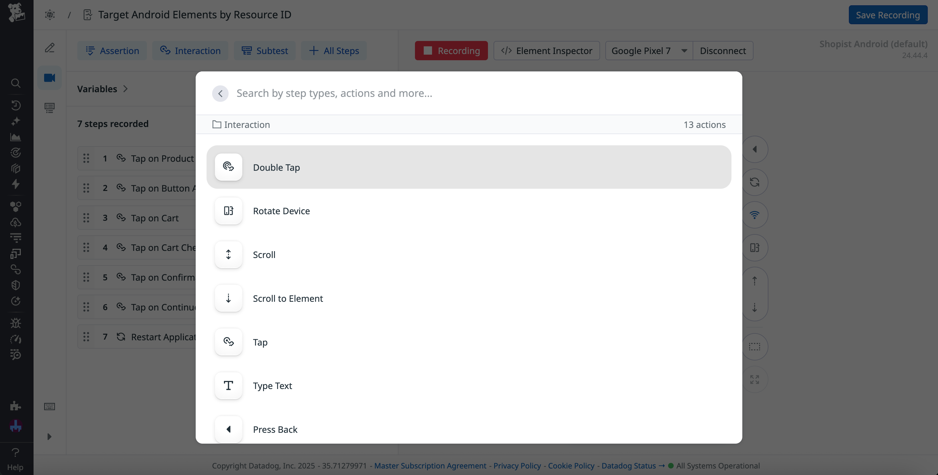 A list of available interactions for mobile synthetic tests.