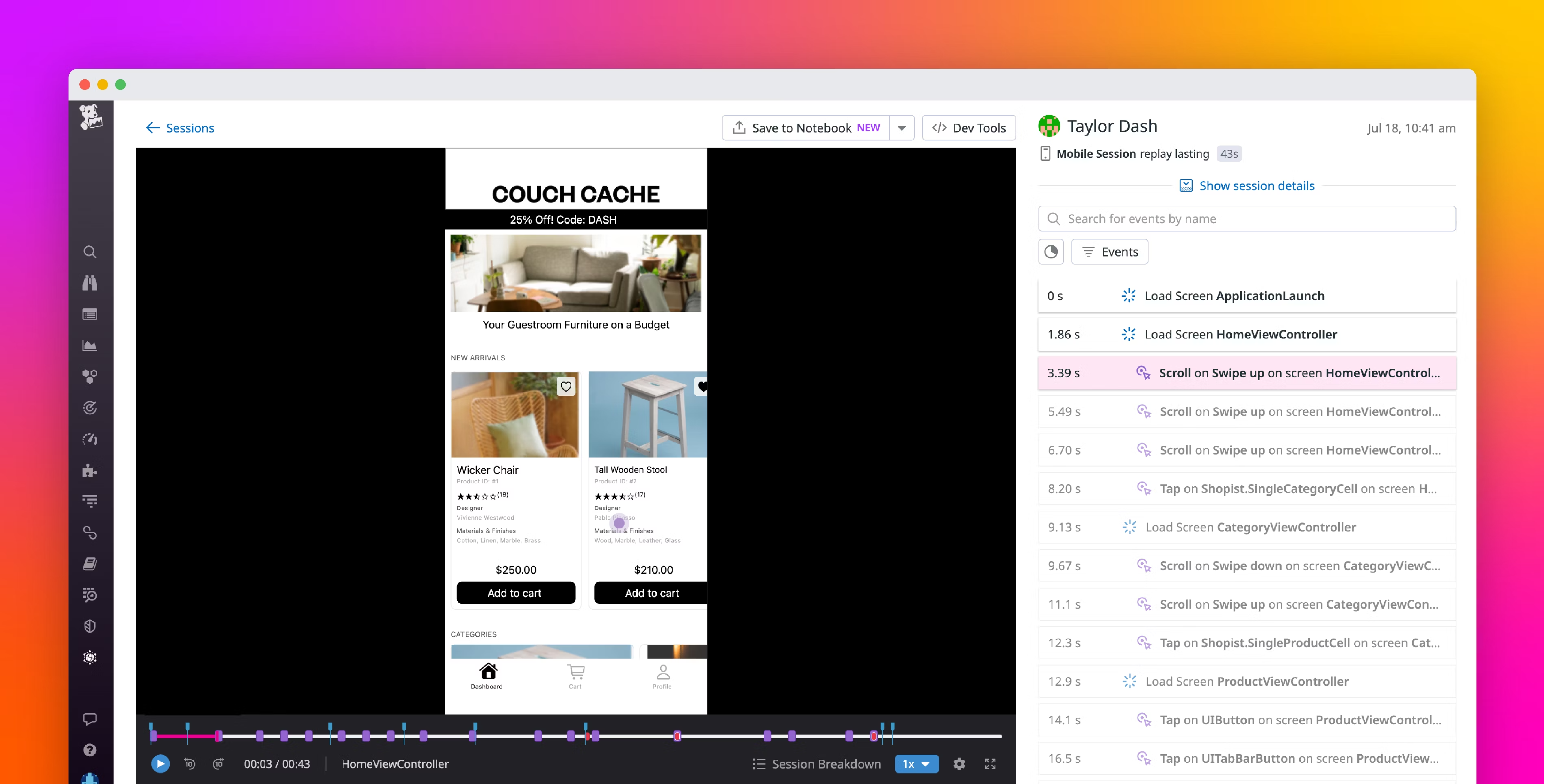 Visualize user journeys using Datadog Mobile Session Replay