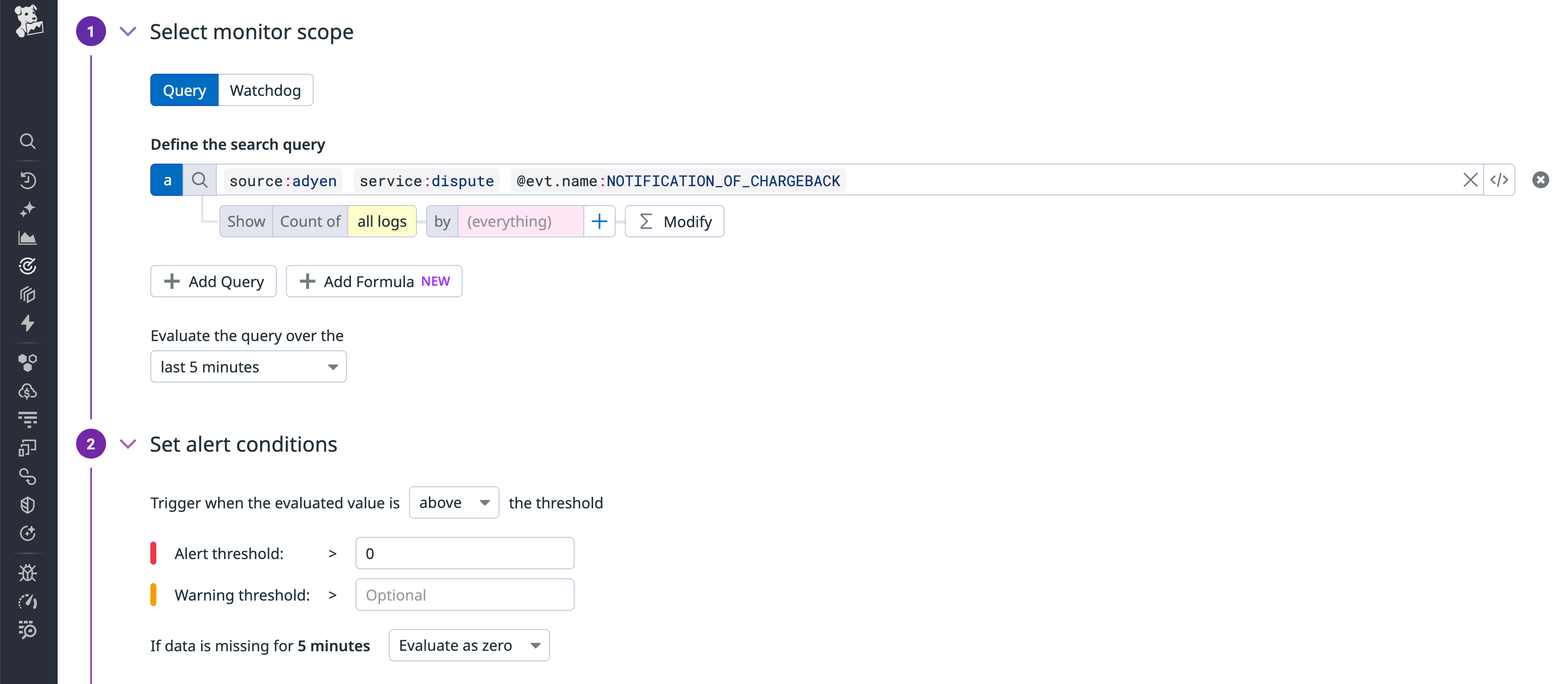 Datadog monitor setup showing a search query for Adyen chargebacks using the NOTIFICATION_OF_CHARGEBACK event and alert conditions for triggering notifications.