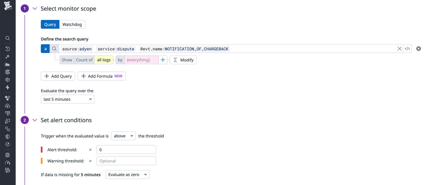 Datadog monitor setup showing a search query for Adyen chargebacks using the NOTIFICATION_OF_CHARGEBACK event and alert conditions for triggering notifications. Datadog monitor setup showing a search query for Adyen chargebacks using the NOTIFICATION_OF_CHARGEBACK event and alert conditions for triggering notifications.