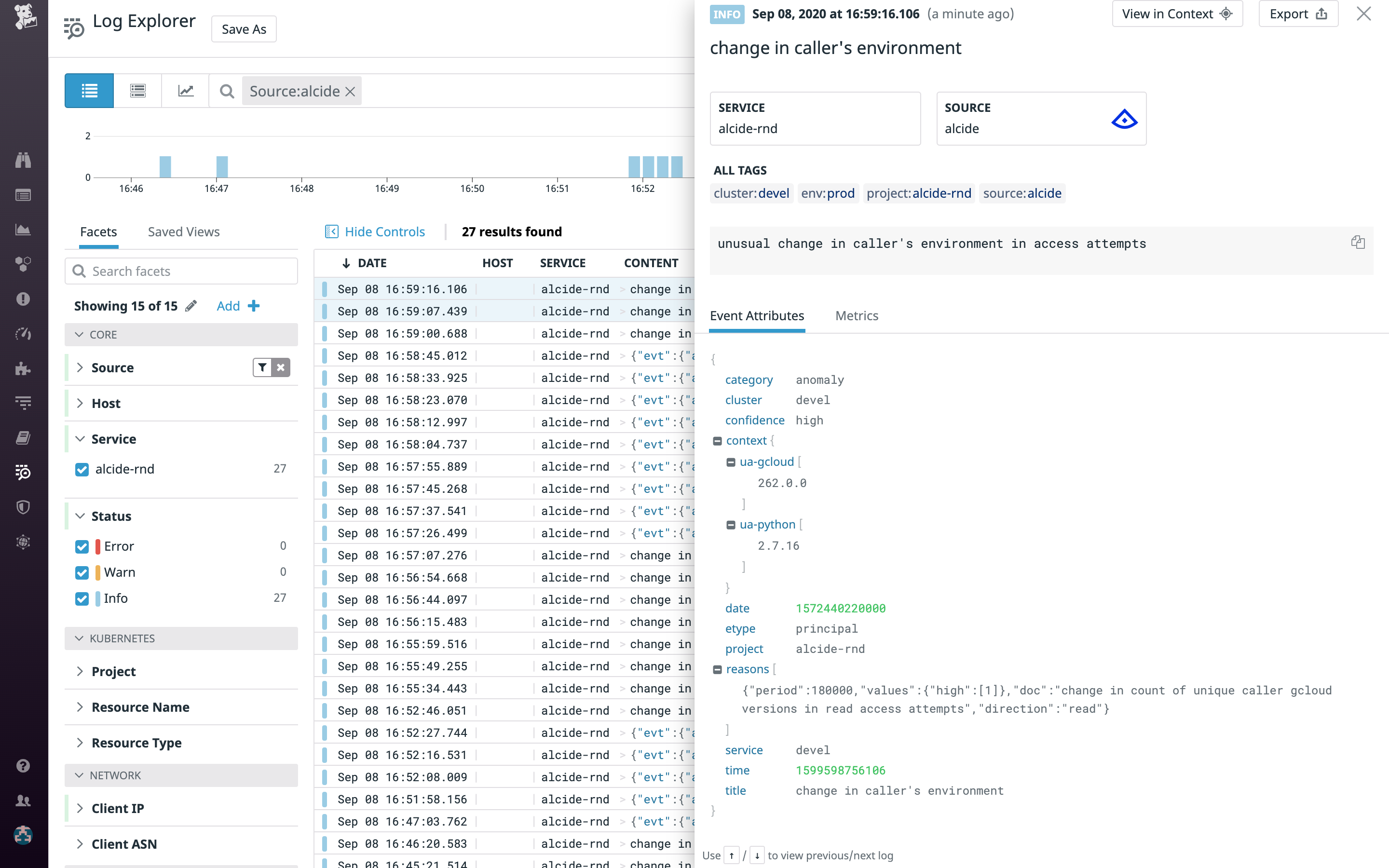 View all Alcide logs in the Datadog log explorer