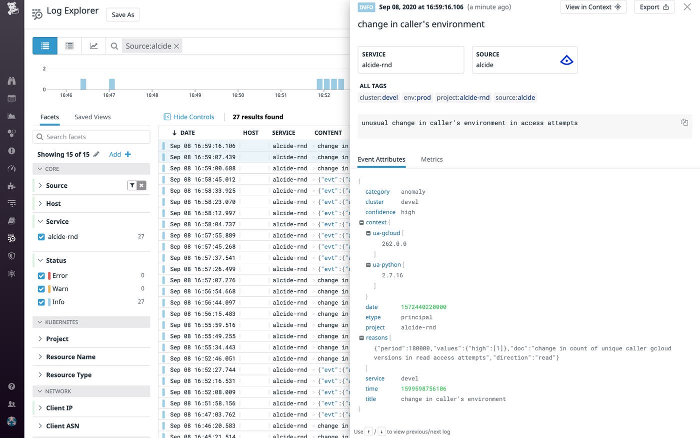 View all Alcide logs in the Datadog log explorer View all Alcide logs in the Datadog log explorer
