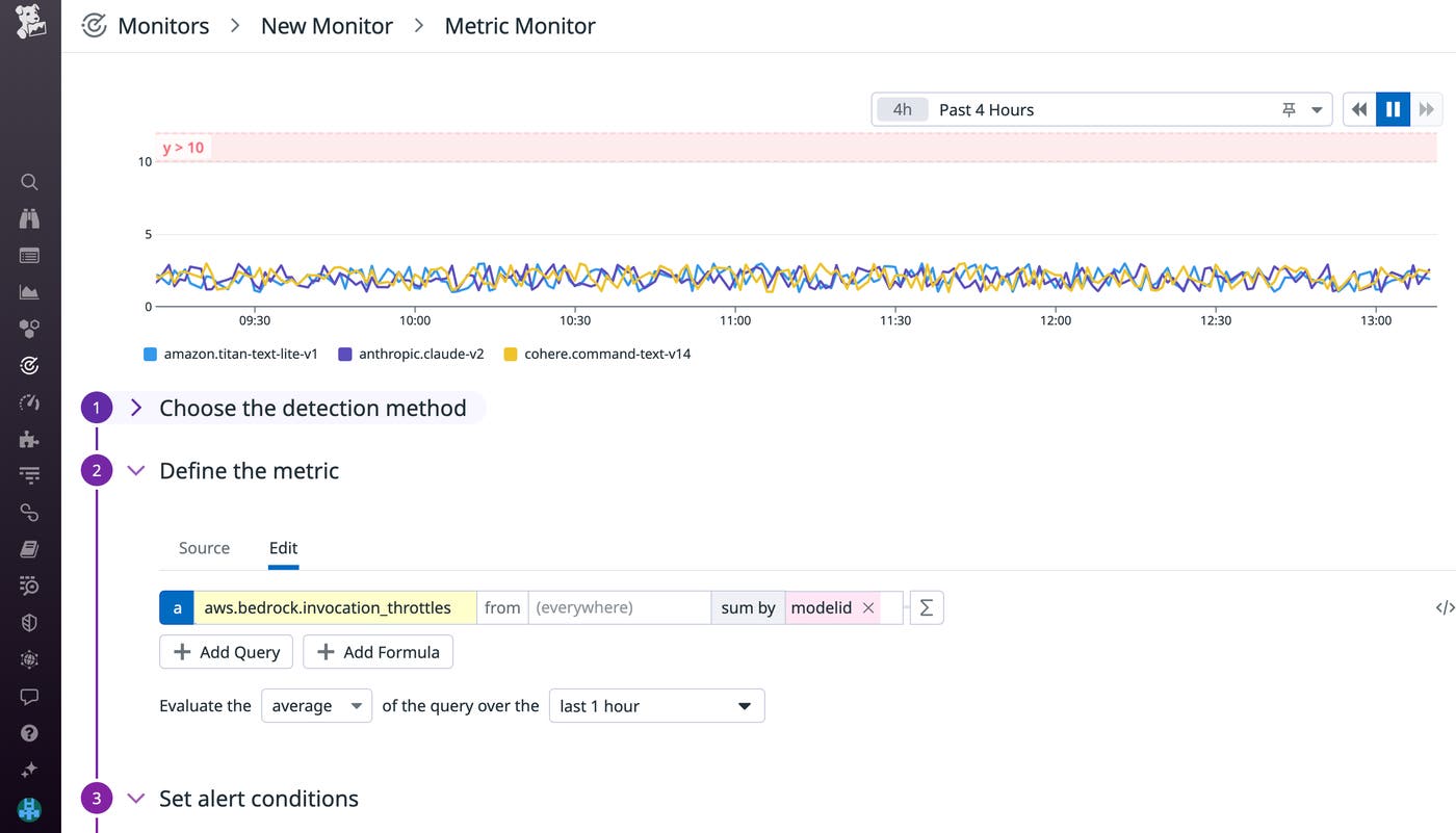 Alert on Bedrock metrics such as invocation throttling. Alert on Bedrock metrics such as invocation throttling.