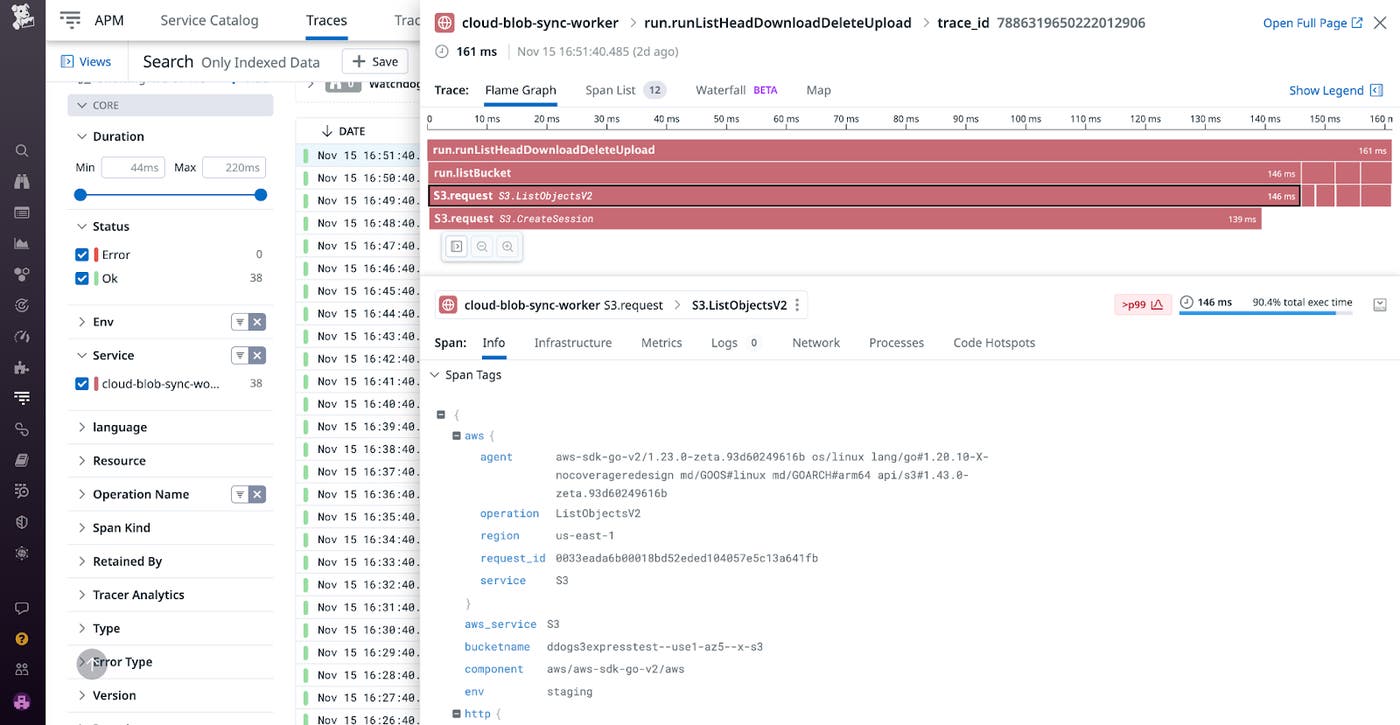 Viewing S3 Express One Zone traces in Datadog APM Viewing S3 Express One Zone traces in Datadog APM