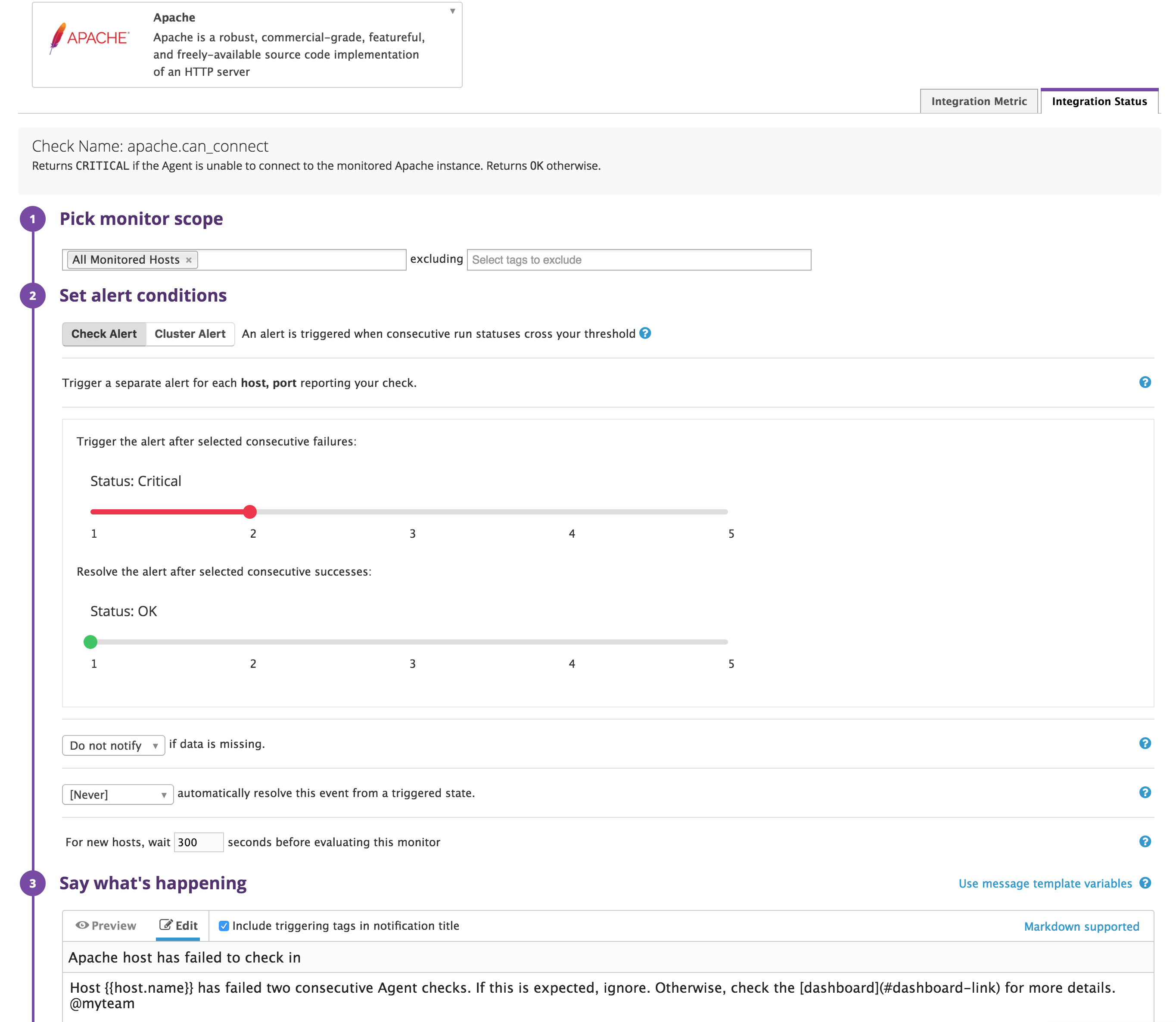 Datadog alert to detect when Apache host fails