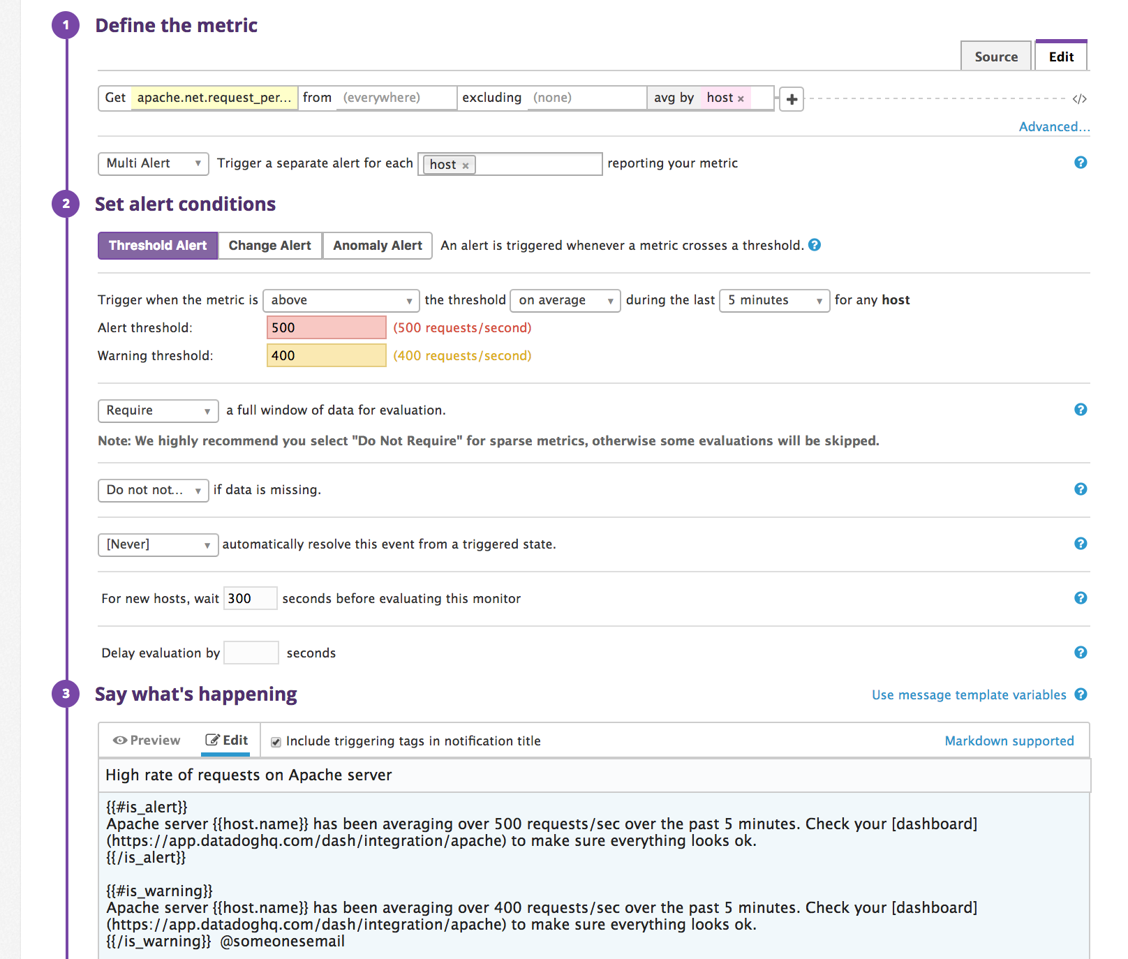 Datadog alert to detect high number of Apache hits