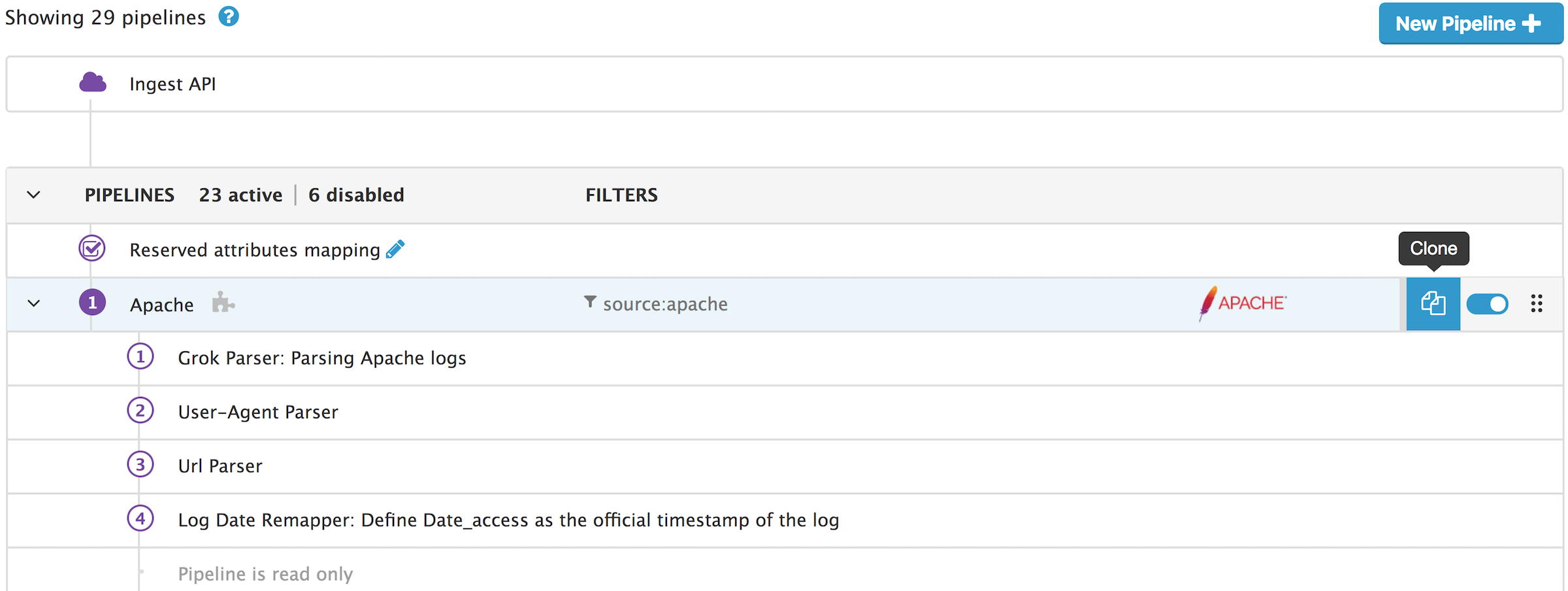 Monitor Apache Datadog: clone pipeline to add request time