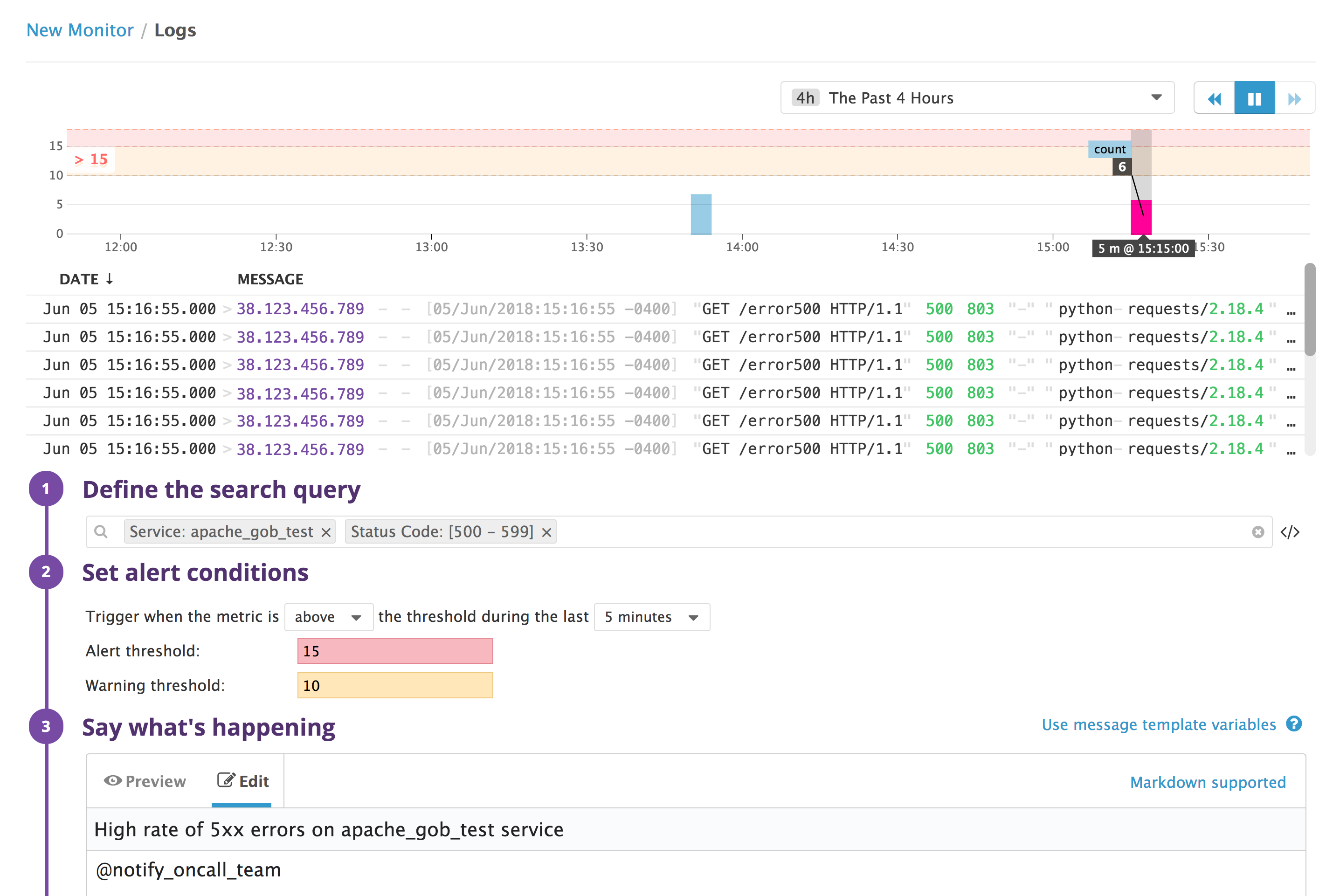 Monitor Apache Datadog log alert to detect high 5xx error rate from Apache logs