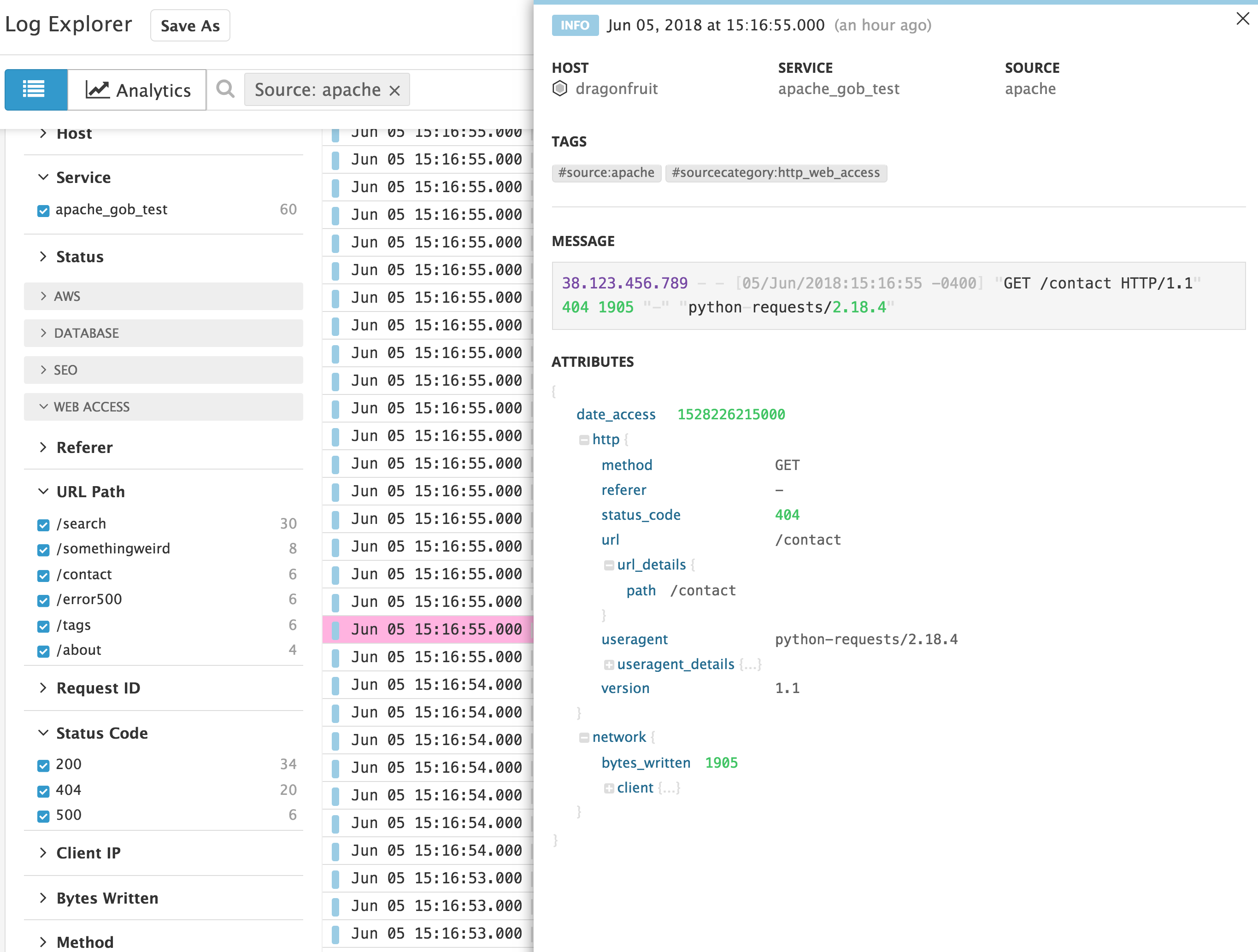 Monitor Apache Datadog log 404 status code
