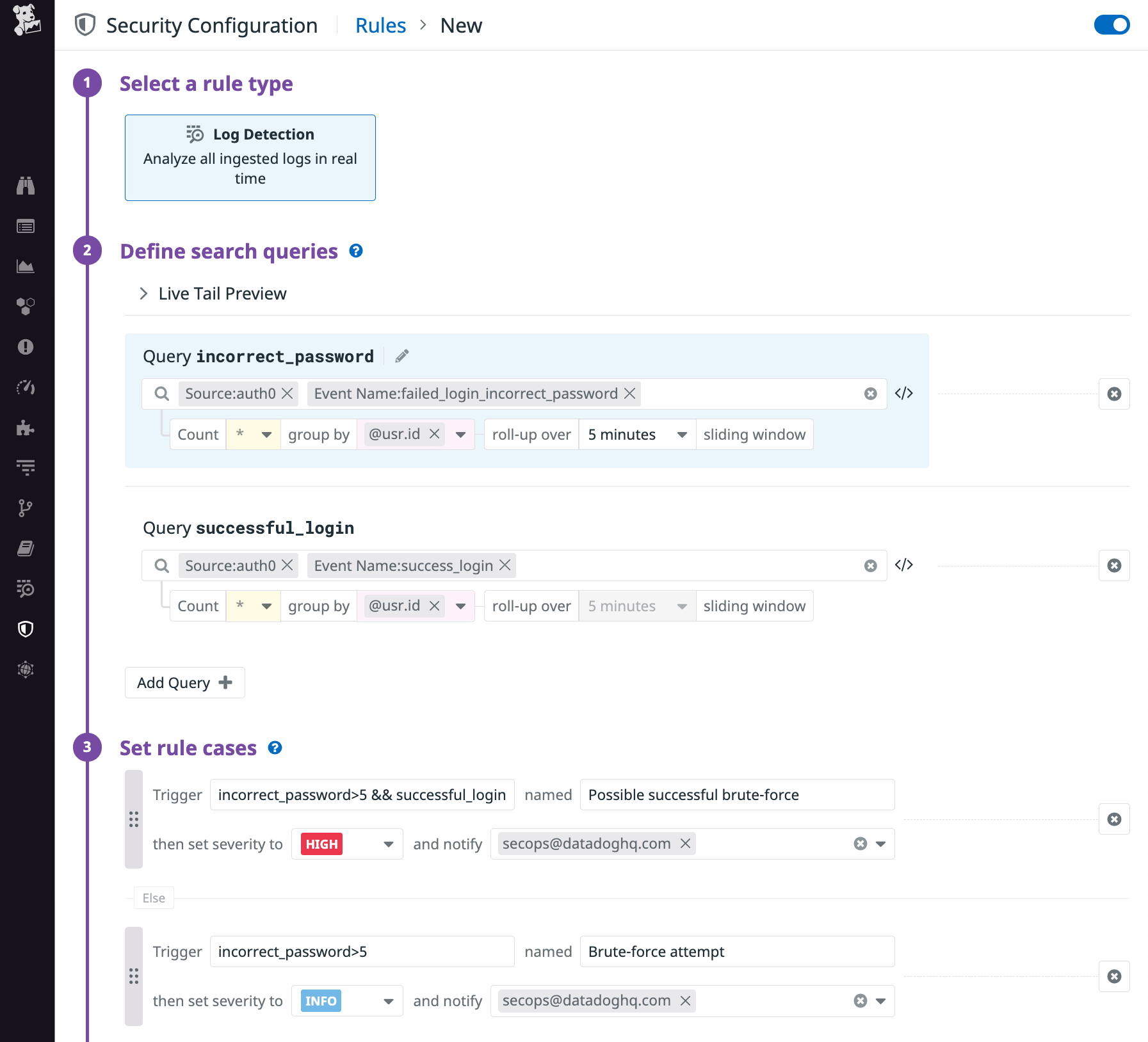 The security rules page defines a log detection rule's queries (which describe what to monitor) and cases (which describe when to trigger).