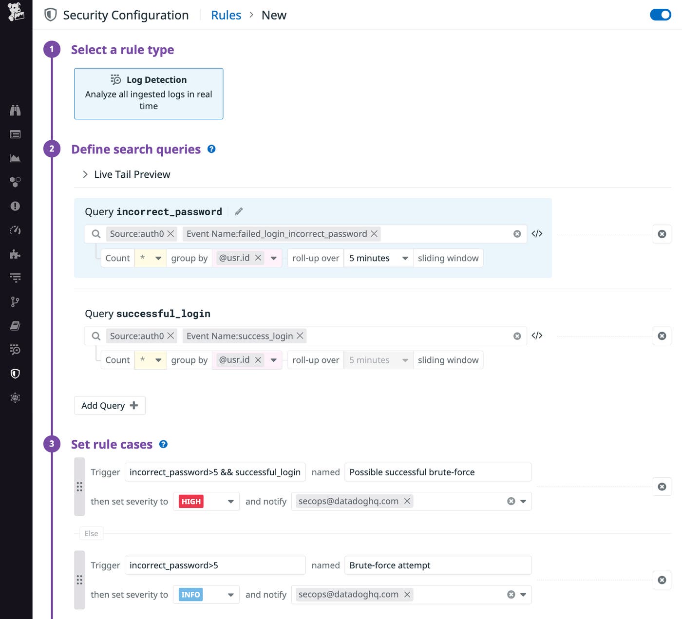 The security rules page defines a log detection rule's queries (which describe what to monitor) and cases (which describe when to trigger). The security rules page defines a log detection rule's queries (which describe what to monitor) and cases (which describe when to trigger).