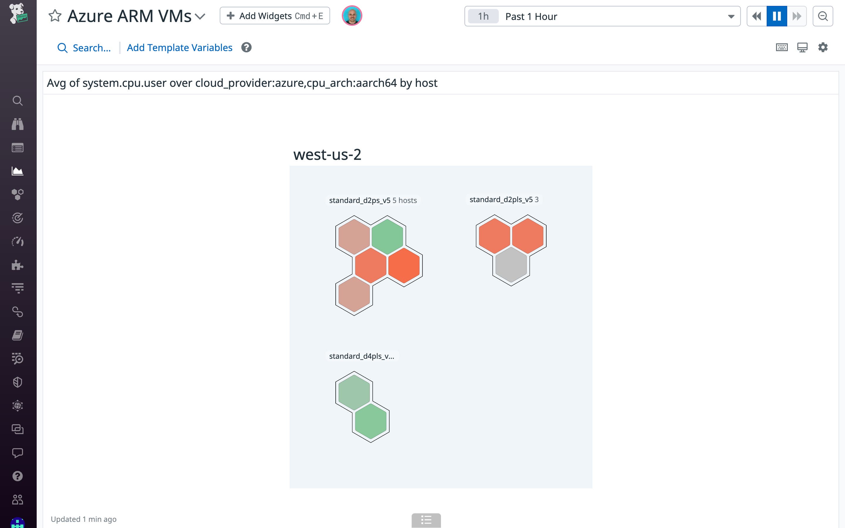Datadog host map showing Arm-based VMs. Datadog host map showing Arm-based VMs.