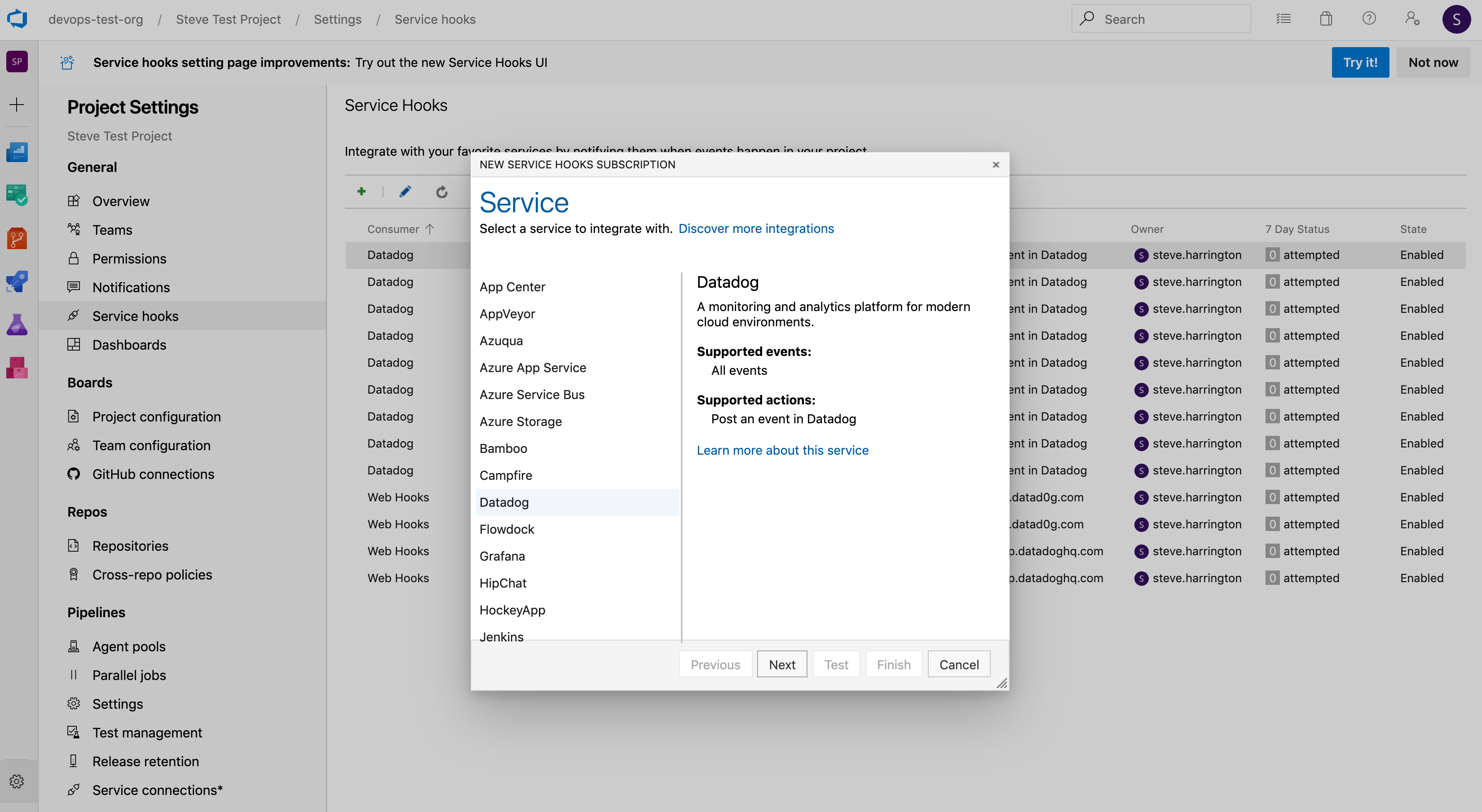 Integrate Azure DevOps with Datadog by selecting Datadog from the list of Service Hook integrations in the Azure DevOps portal.