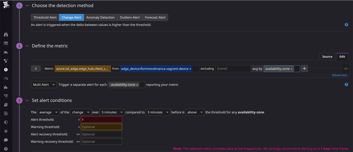You can set up alerts on any IoT Edge metric collected to get notified as soon as a problem occurs. You can set up alerts on any IoT Edge metric collected to get notified as soon as a problem occurs.