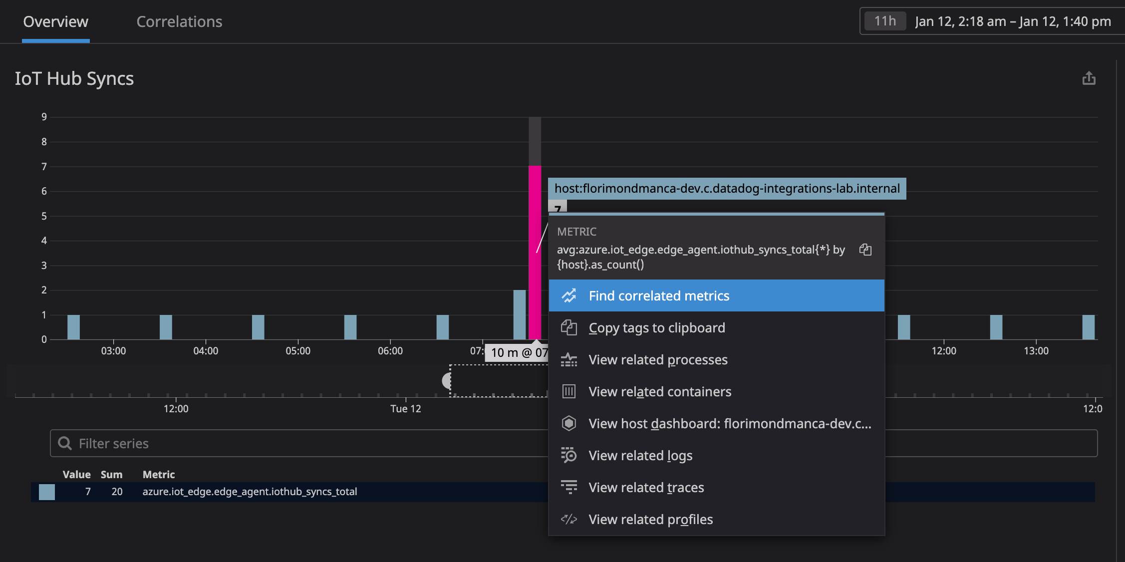 Datadog can quickly surface correlated metrics and related logs against the data collected by your Azure IoT Edge devices.