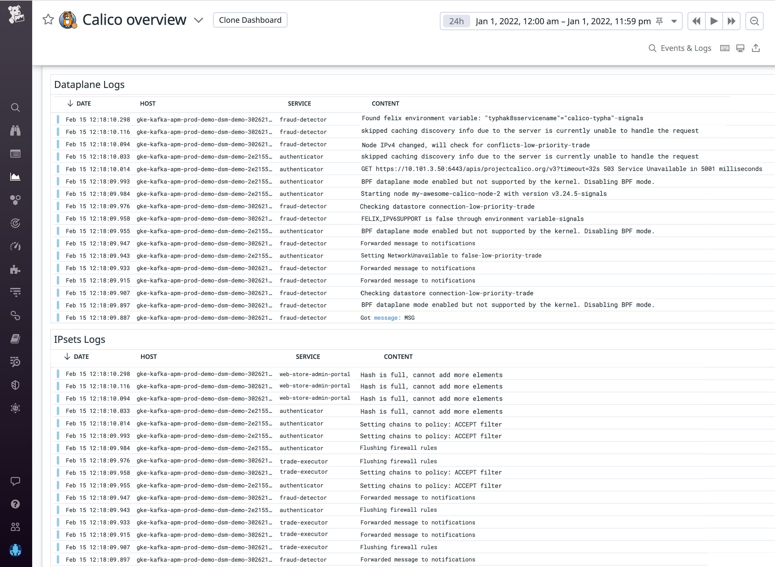 The dashboard also shows you critical `ipsets` and dataplane logs