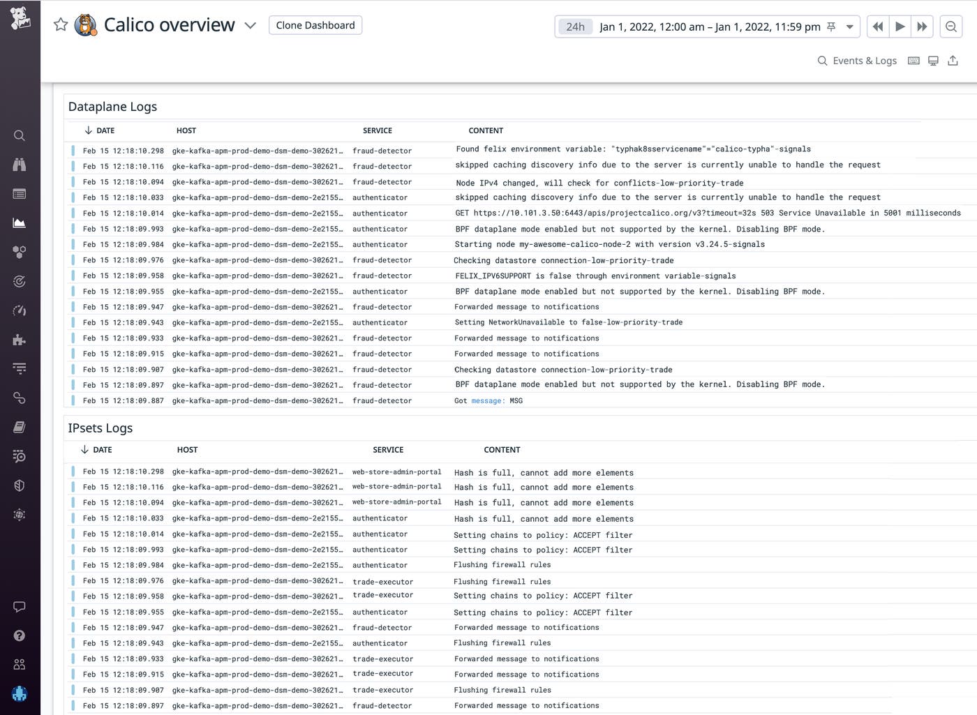 The dashboard also shows you critical `ipsets` and dataplane logs The dashboard also shows you critical `ipsets` and dataplane logs