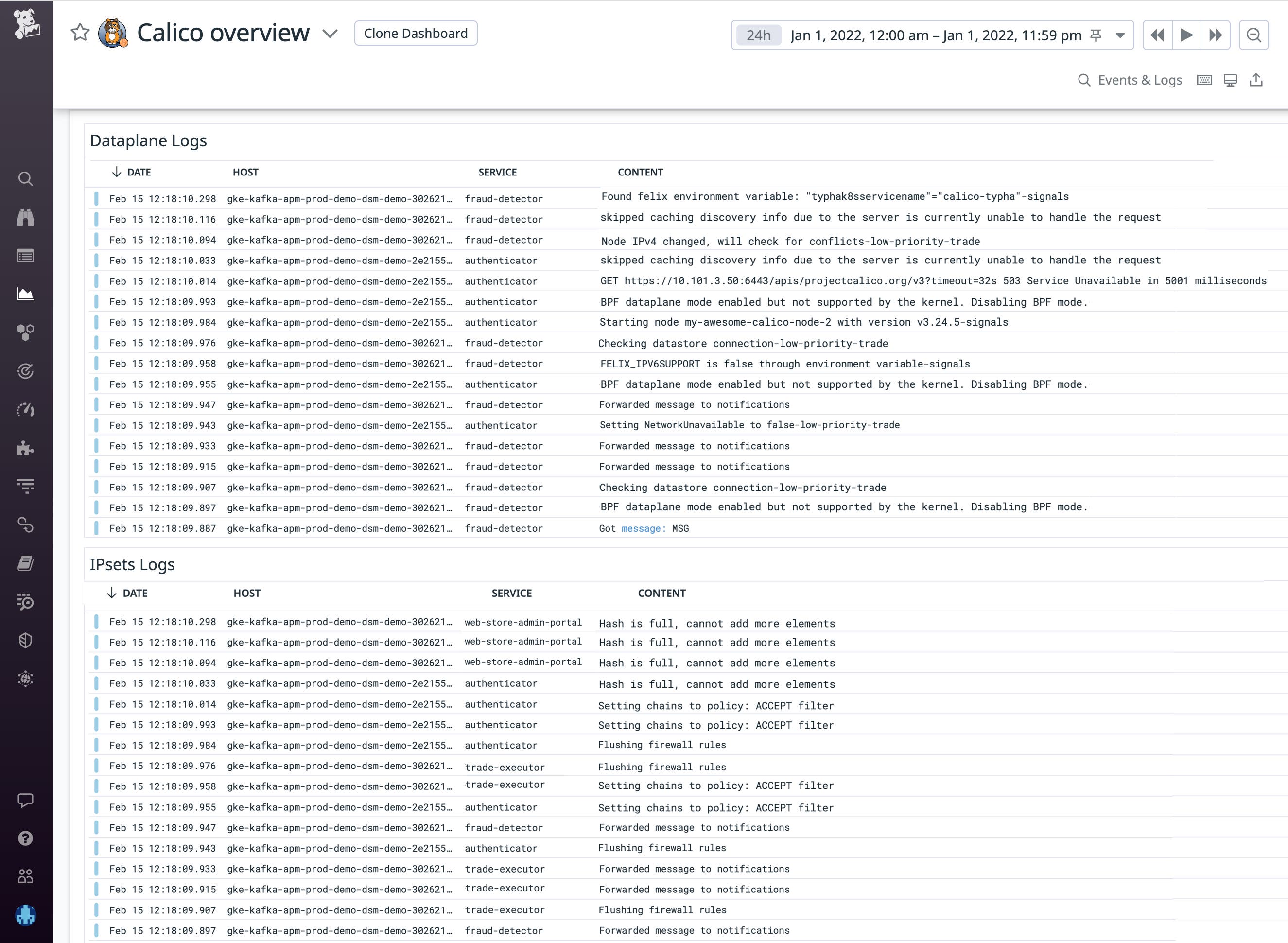 The dashboard also shows you critical `ipsets` and dataplane logs The dashboard also shows you critical `ipsets` and dataplane logs