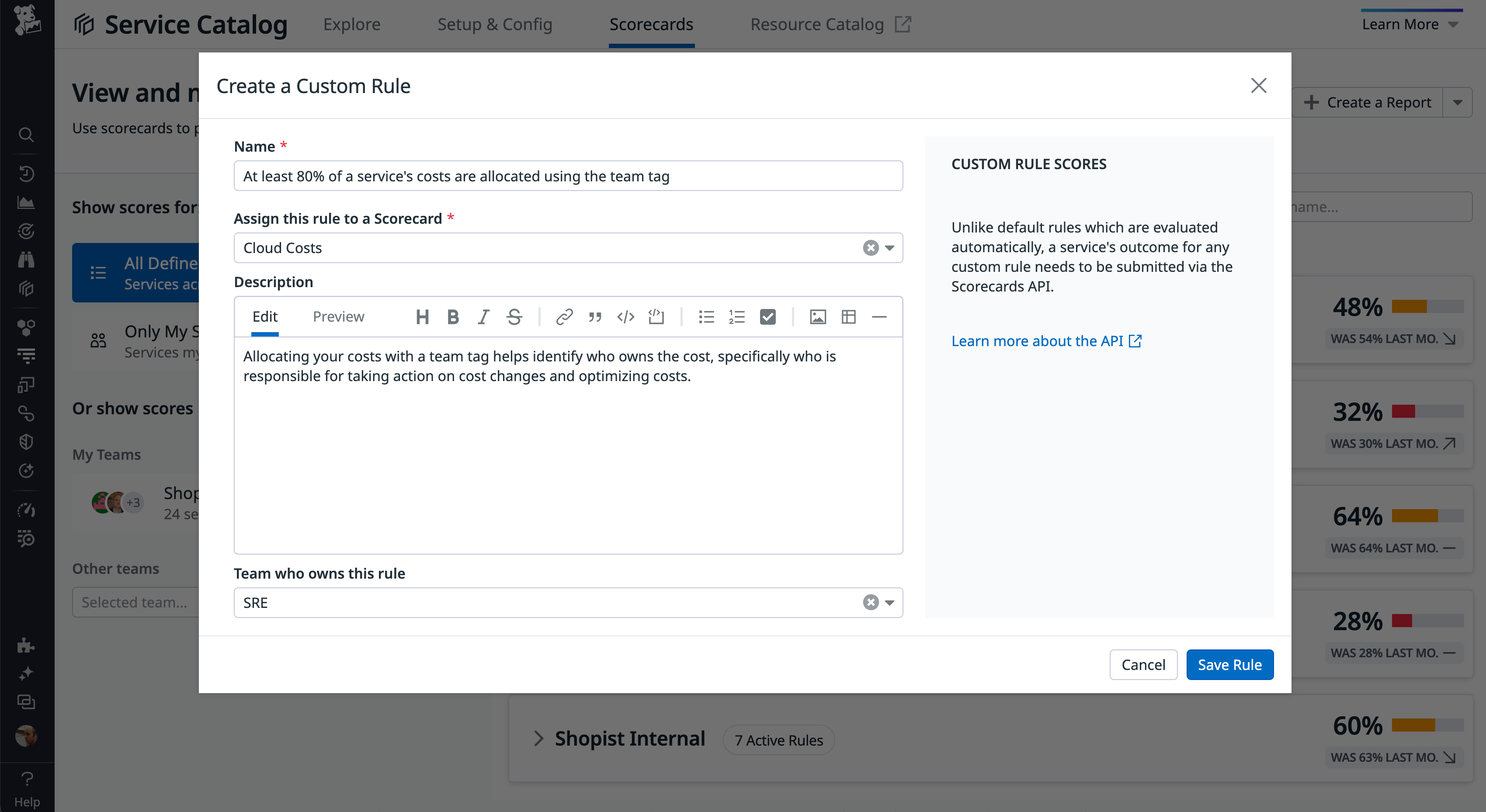 Configuring a custom rule in Datadog to allocate at least 80 percent of service costs by team tag.